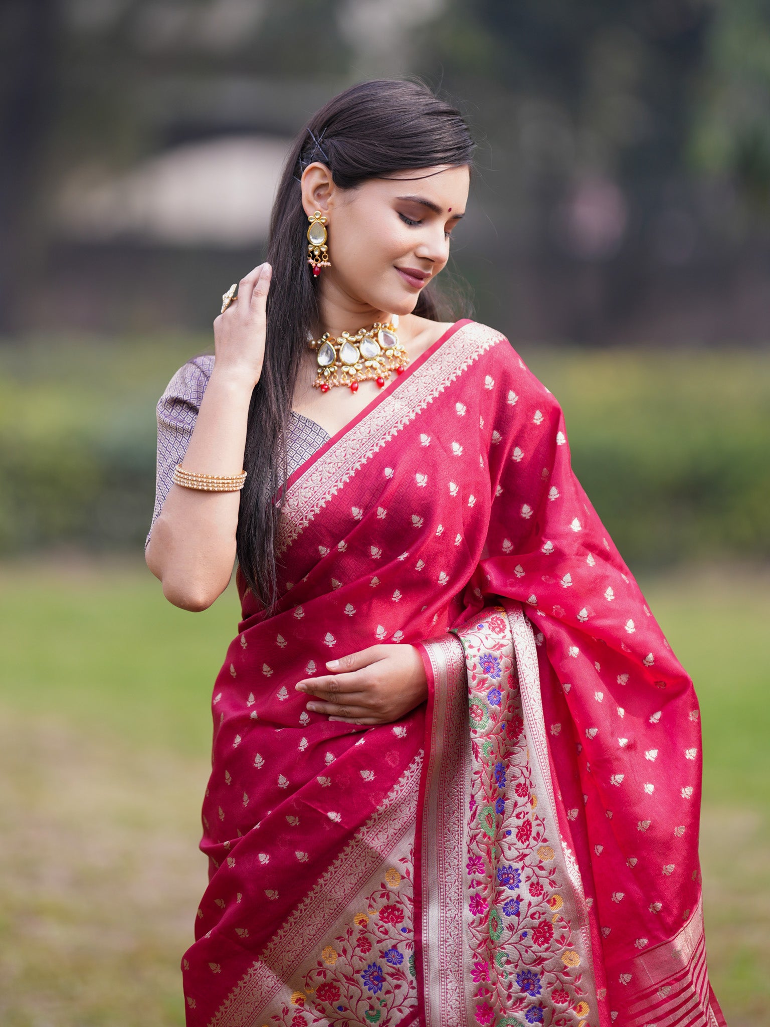 Banarasi Kora Saree With Zari Weaving & Meena Border-Red