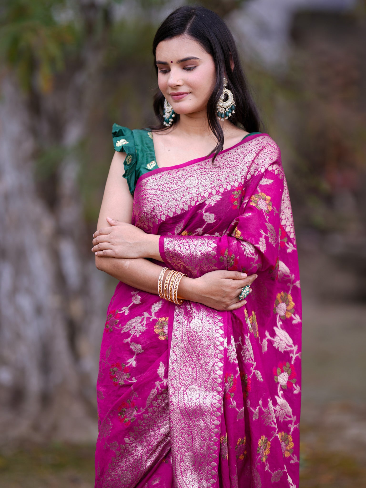 Banarasi Cotton Silk Saree with Floral Weaving & Border-Pink