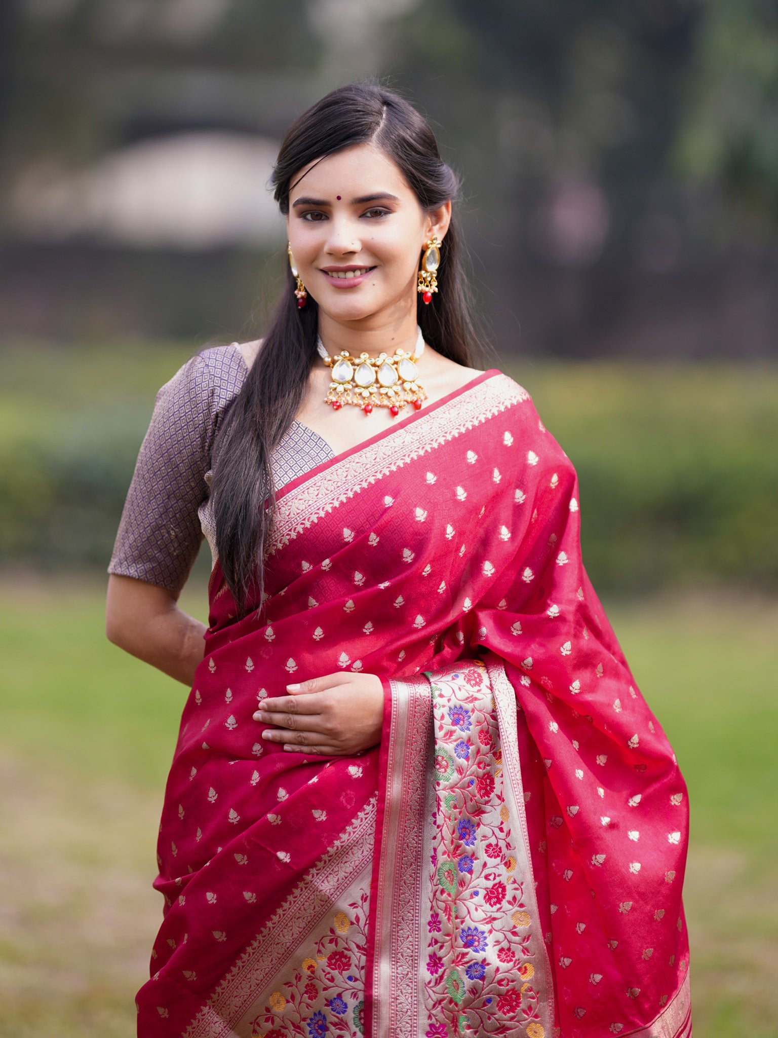 Banarasi Kora Saree With Zari Weaving & Meena Border-Red