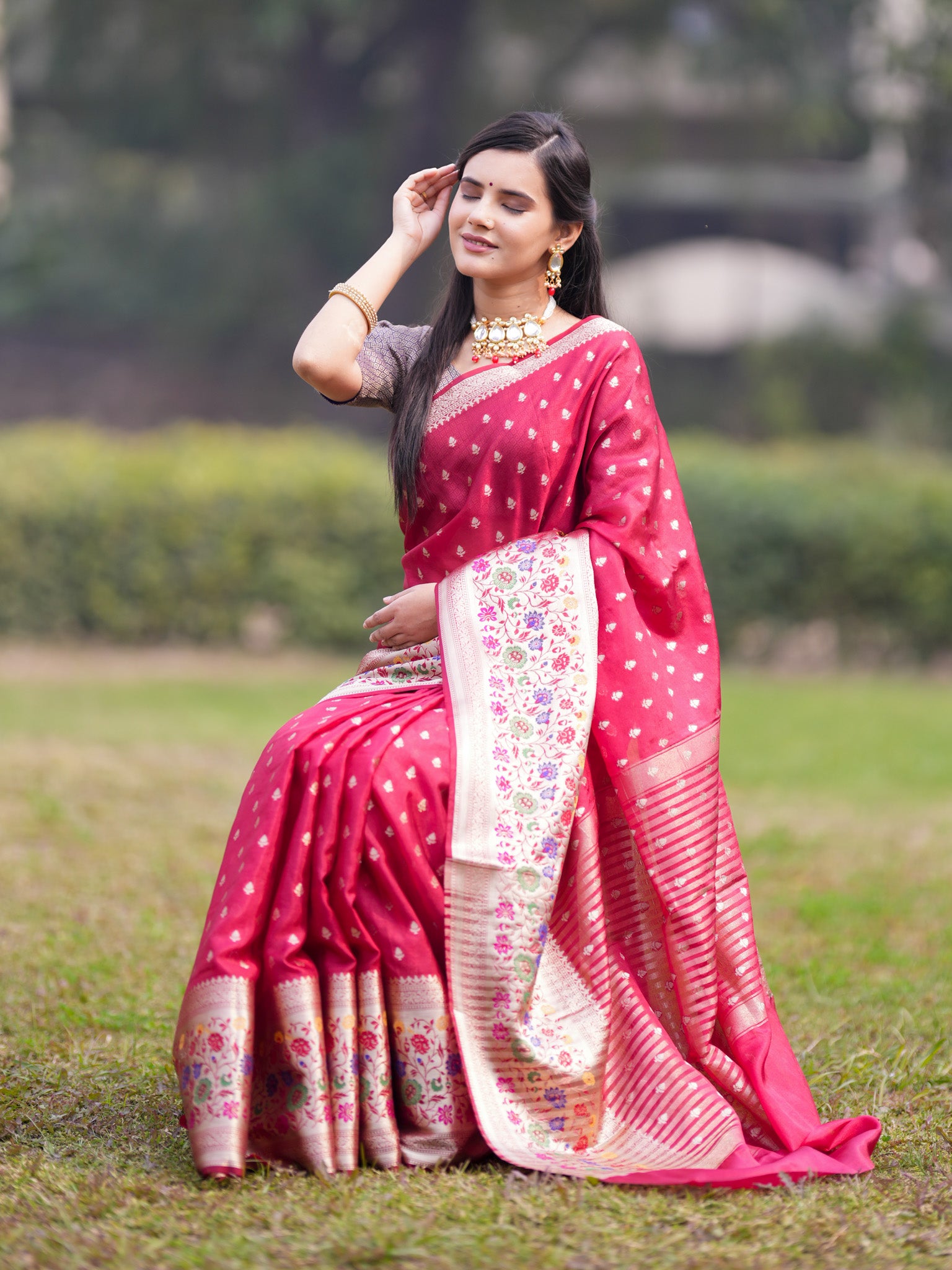 Banarasi Kora Saree With Zari Weaving & Meena Border-Red