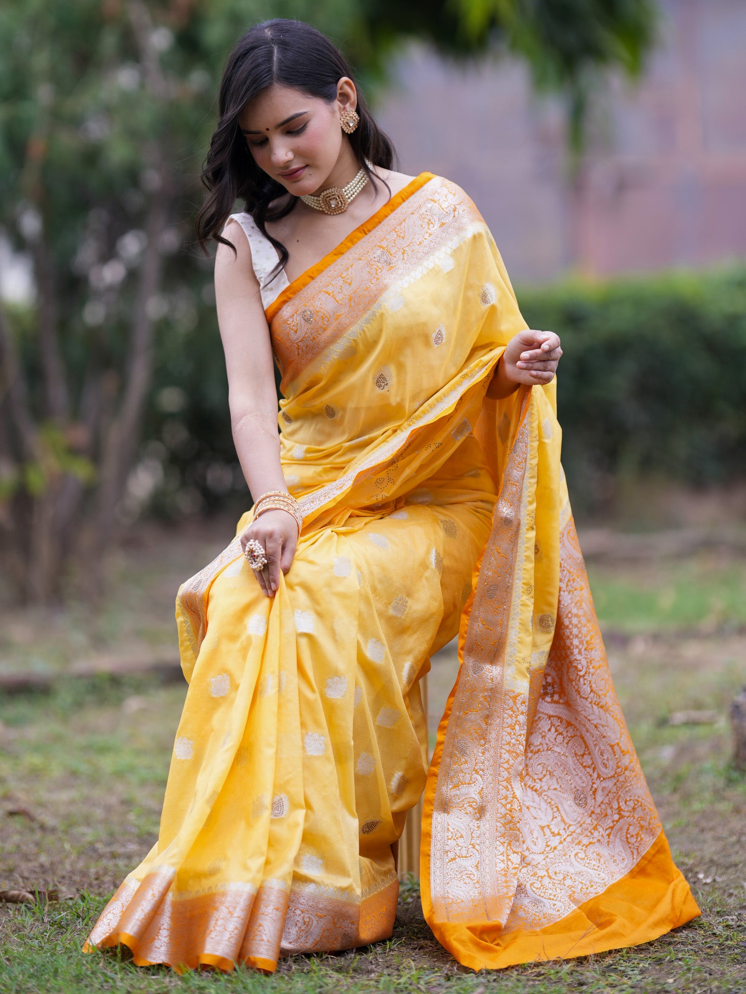 Banarasi Semi Silk Saree With Zari Border - Yellow