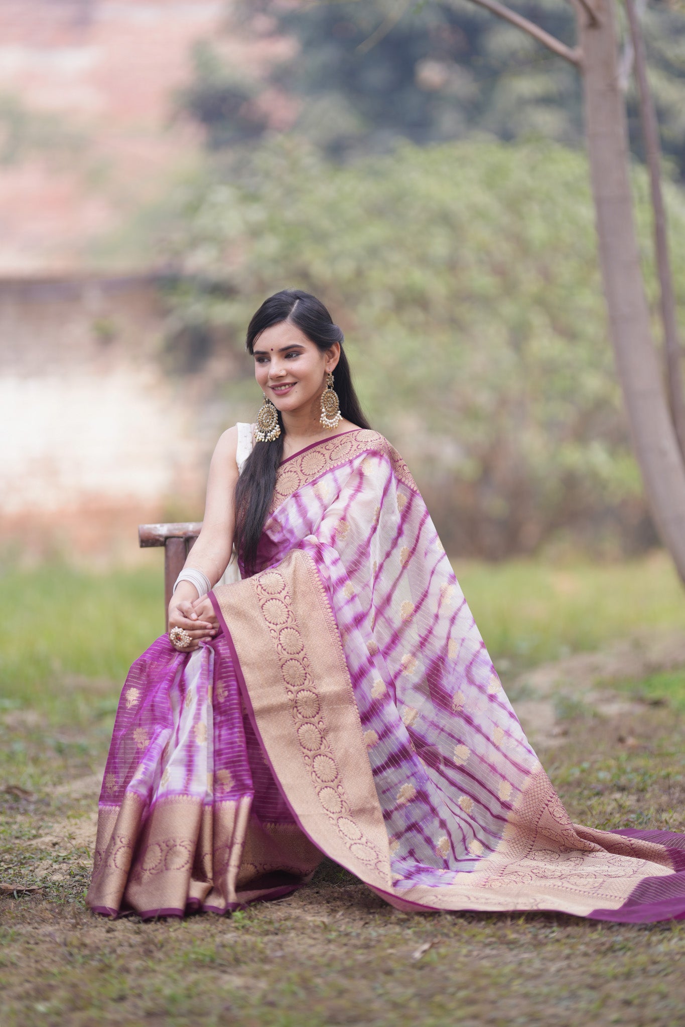 Banarasi Shibori Dyed Super Net Saree With Buti & Zari Border - Purple