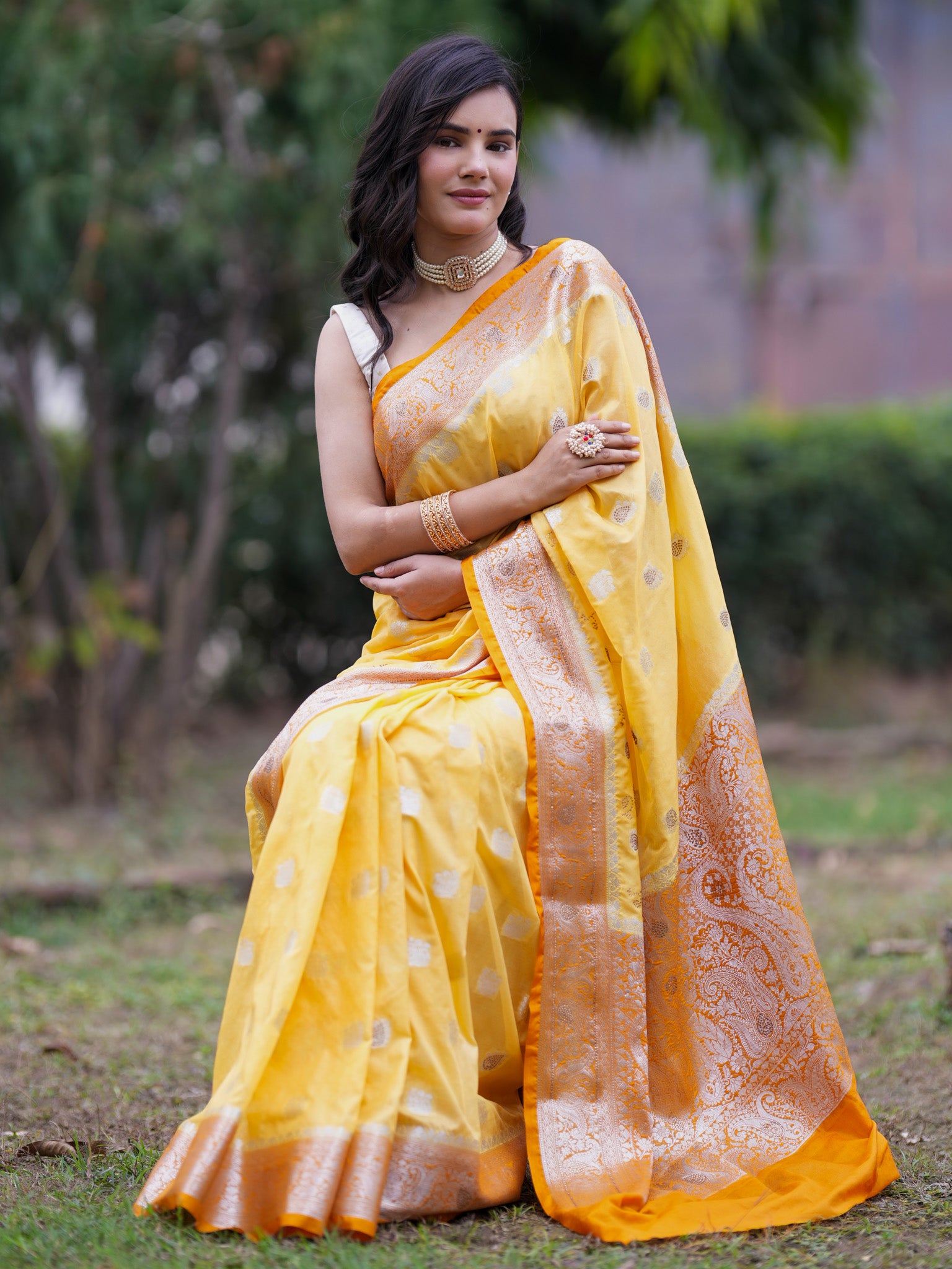Banarasi Semi Silk Saree With Zari Border - Yellow