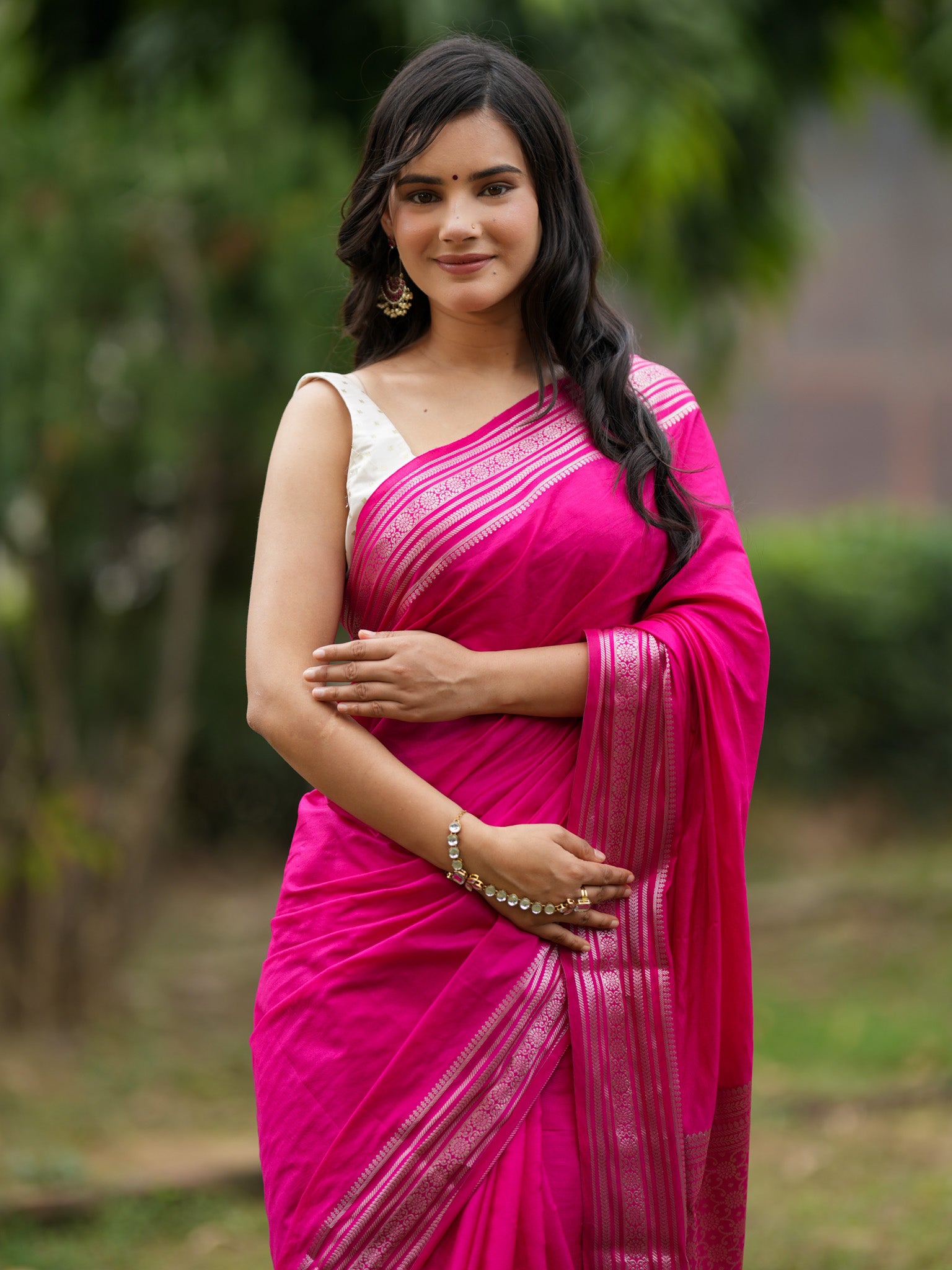 Banarasi Soft Cotton Plain Saree With Silver Weaving Border-Pink