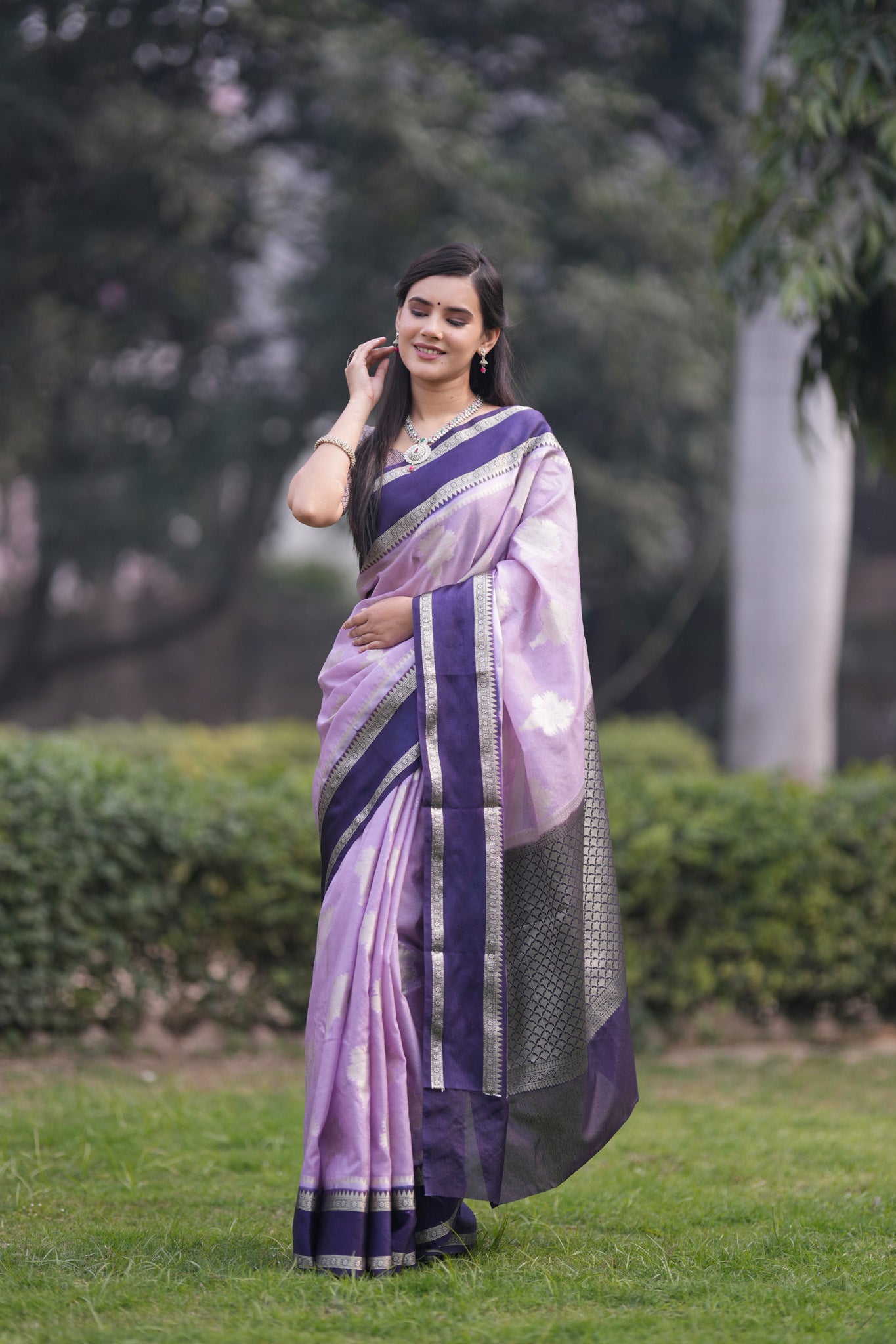 Banarasi Semi Silk Saree With Floral Zari Weaving & Contrast Border -Lavender