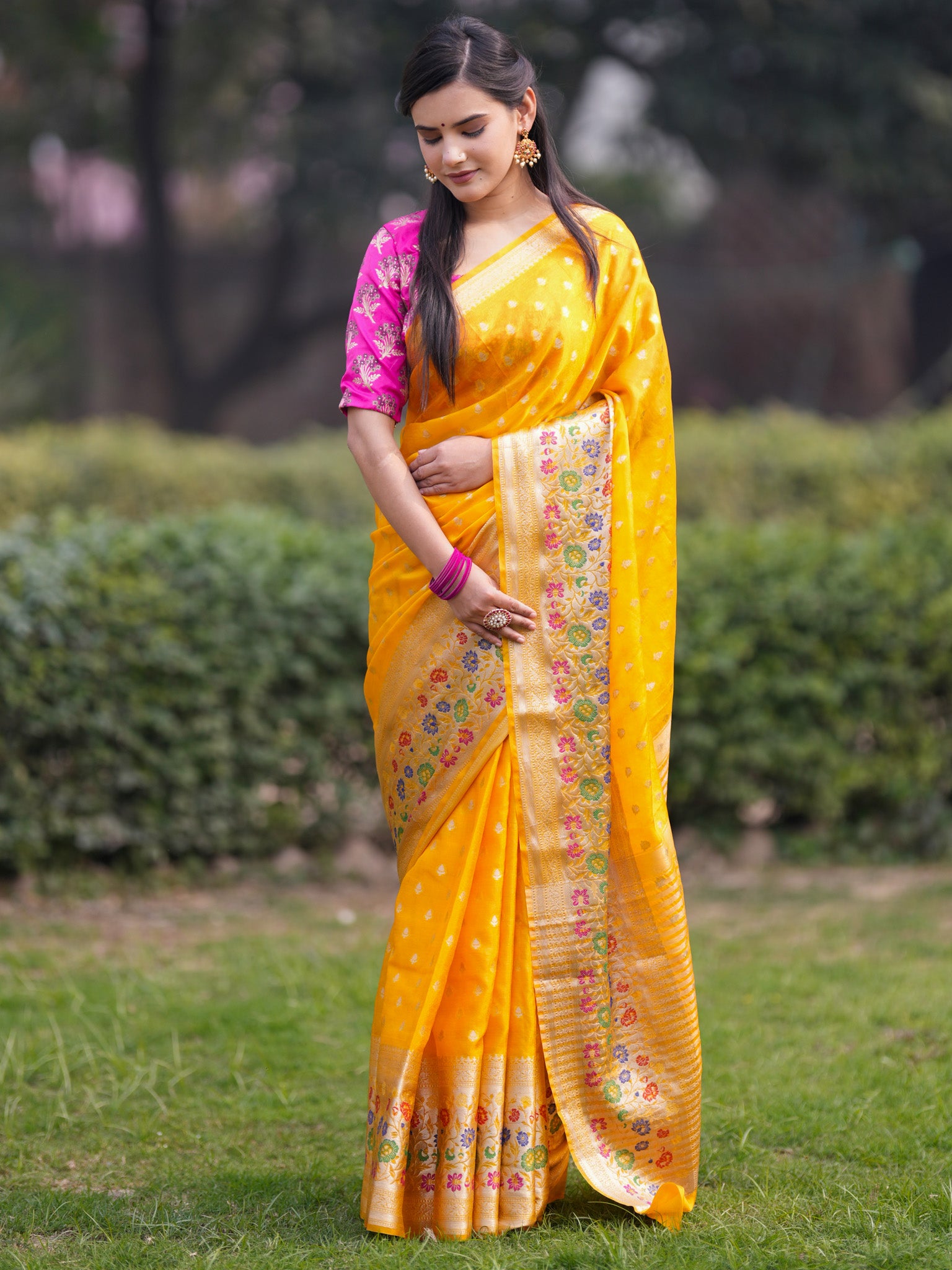 Banarasi Kora Saree With Zari Weaving & Meena Border-Yellow