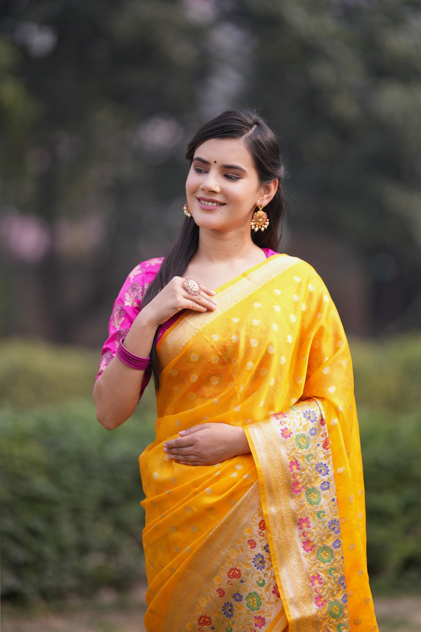 Banarasi Kora Saree With Zari Weaving & Meena Border-Yellow