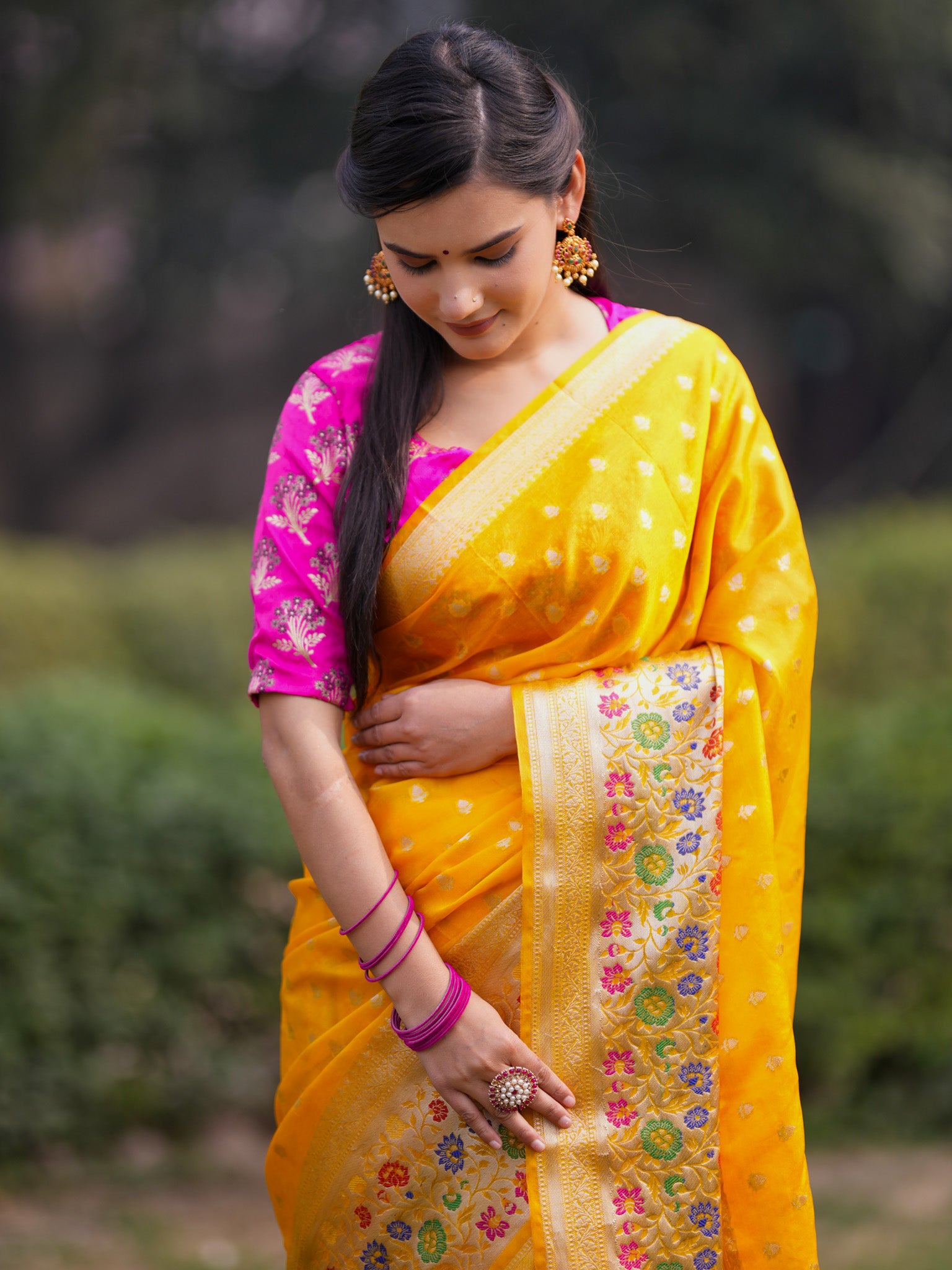 Banarasi Kora Saree With Zari Weaving & Meena Border-Yellow
