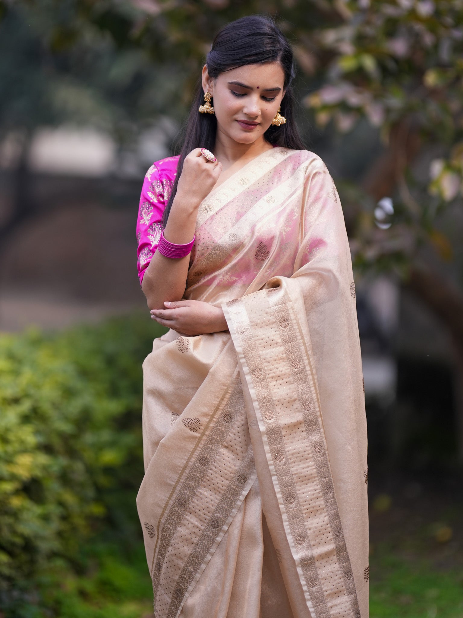 Banarasi Tissue Saree With Zari Border - Gold