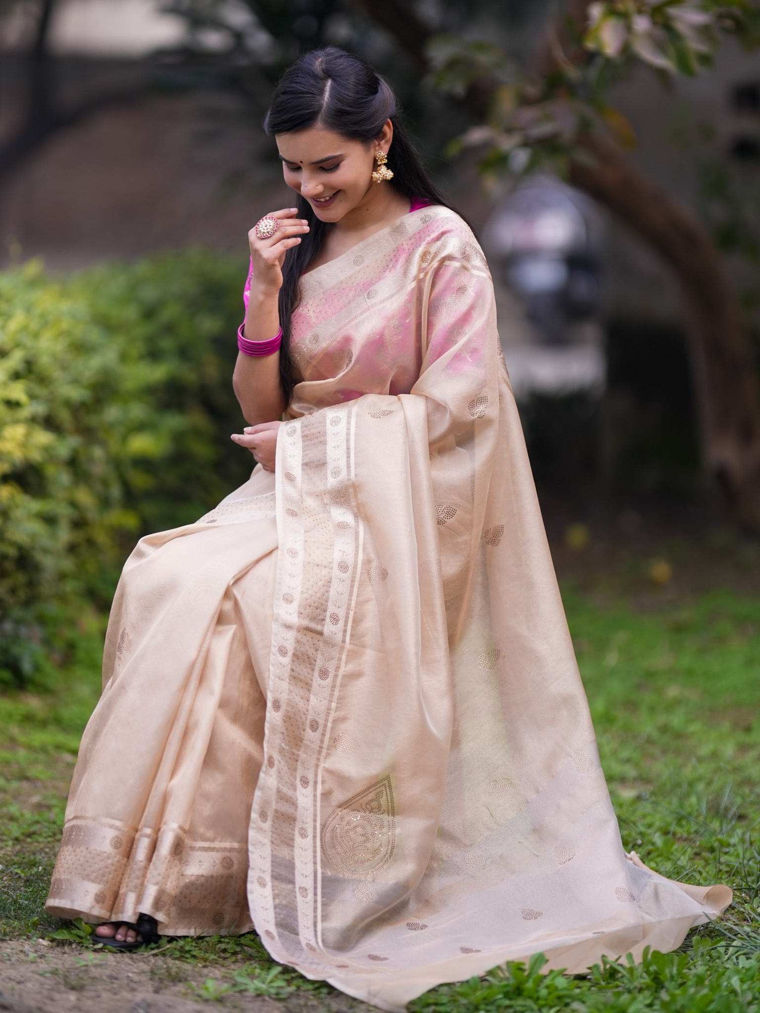 Banarasi Tissue Saree With Zari Border - Gold