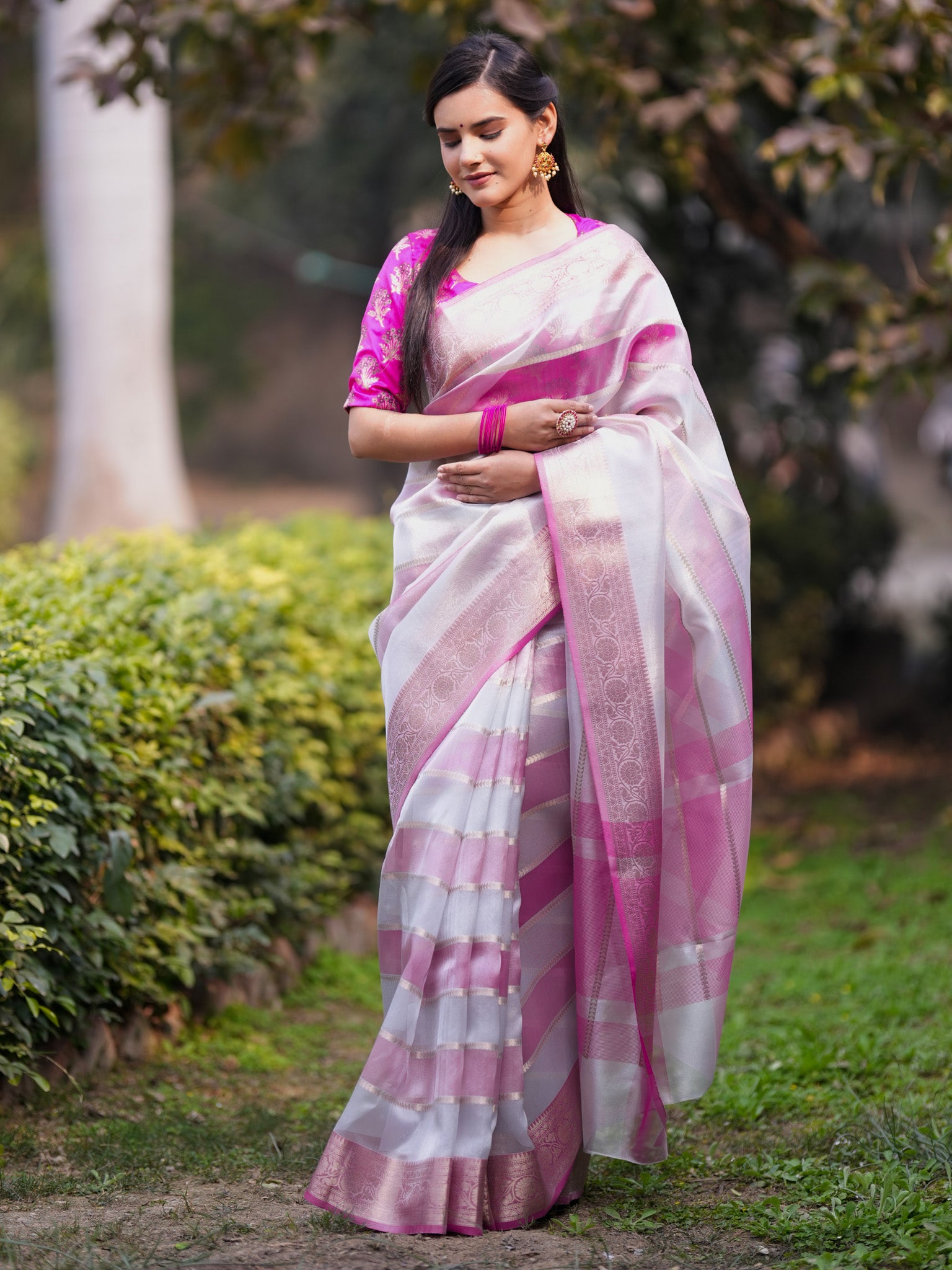 Banarasi Organza Saree With Zari Border - Grey