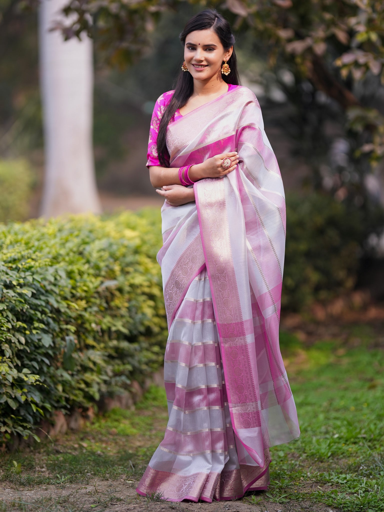 Banarasi Organza Saree With Zari Border - Grey