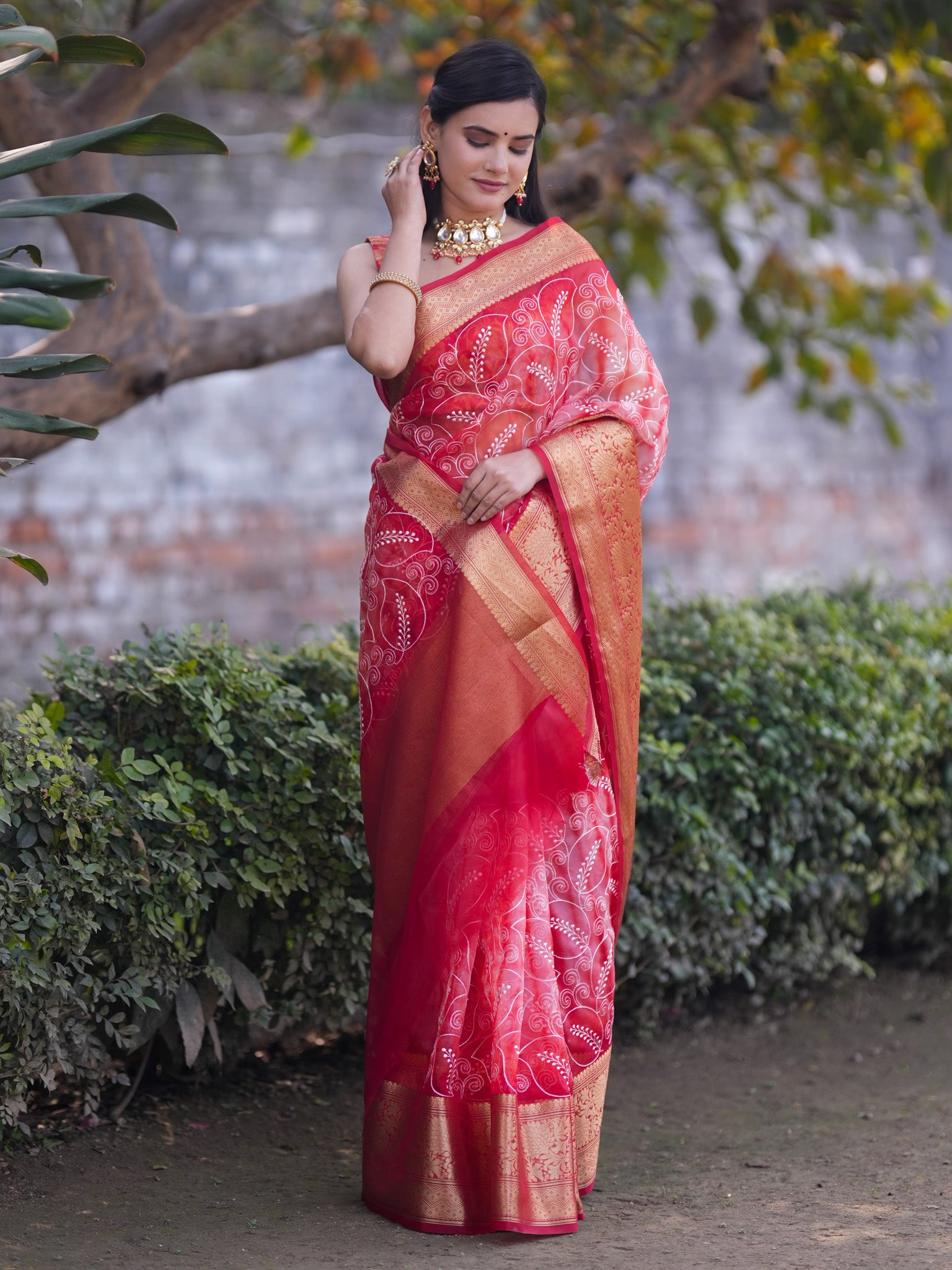 Banarasi Shibori Dyed Organza Saree With Embroidered Floral Design & Zari Border - Red