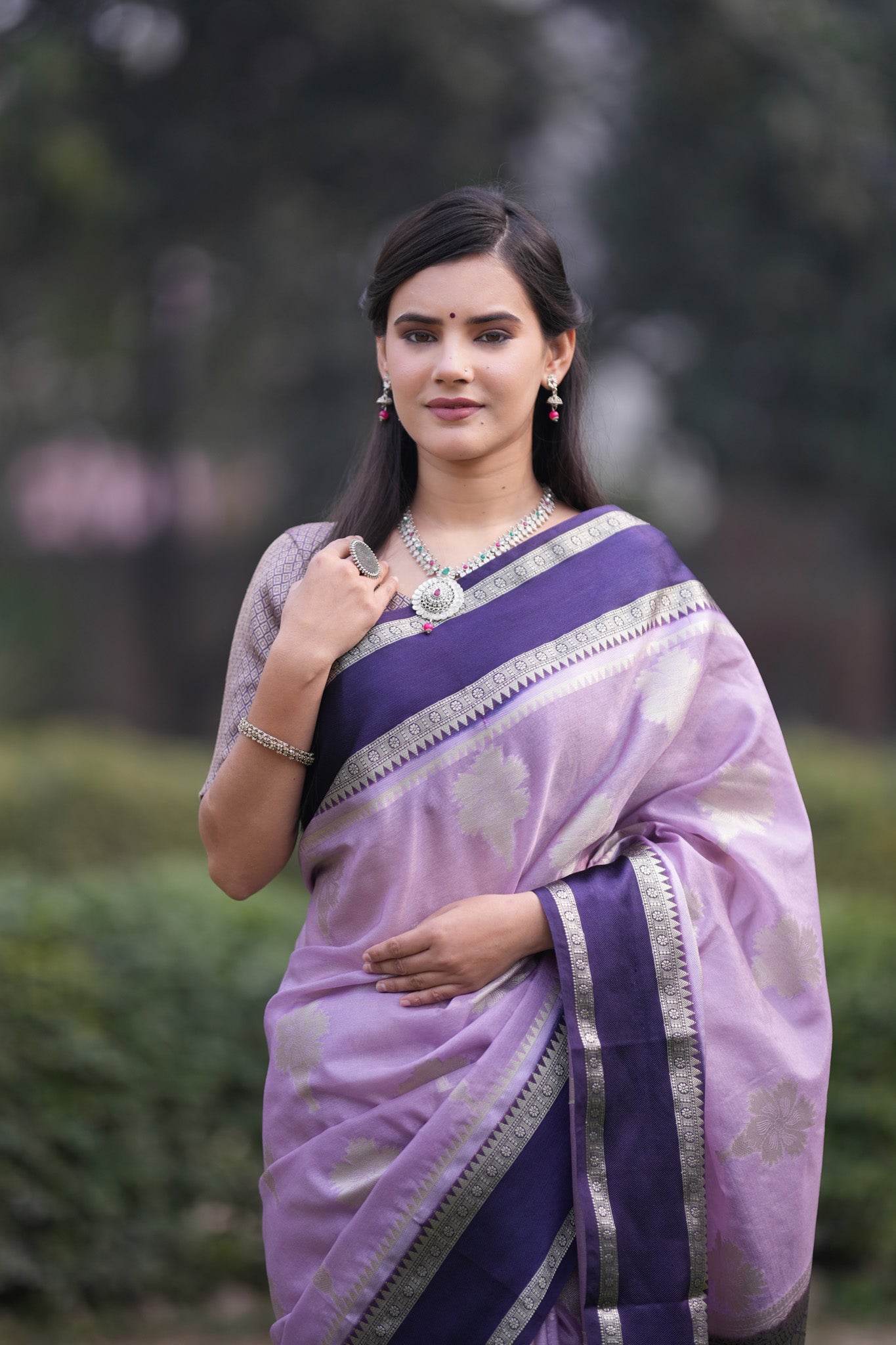 Banarasi Semi Silk Saree With Floral Zari Weaving & Contrast Border -Lavender