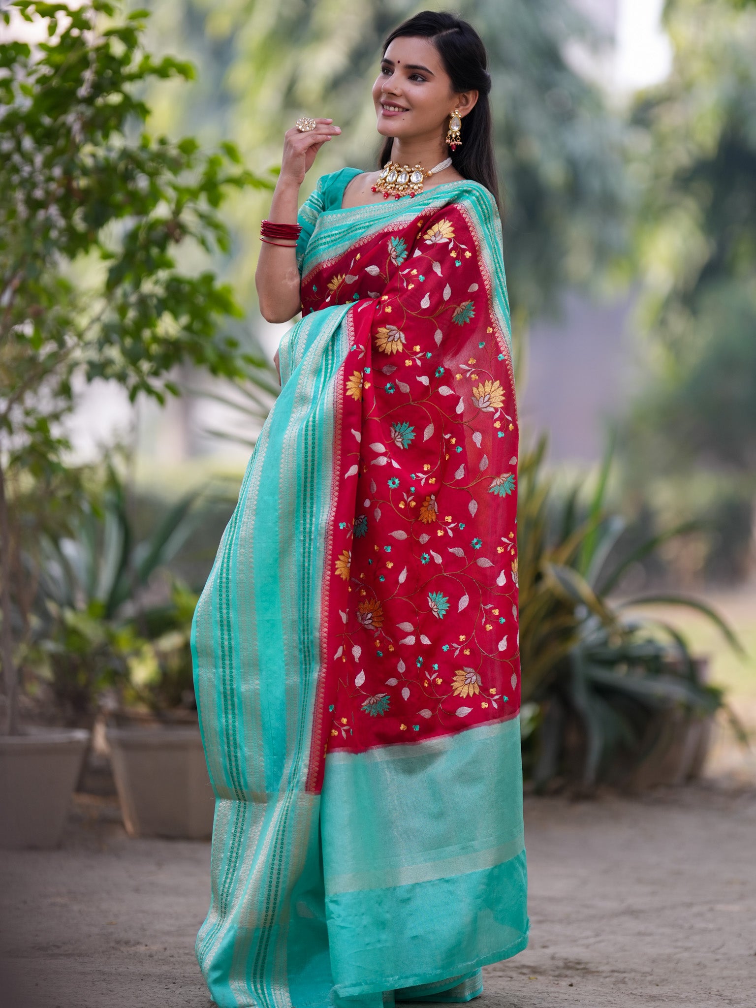 Banarasi Semi Silk Saree With Floral Weaving & Contrast Border -Red