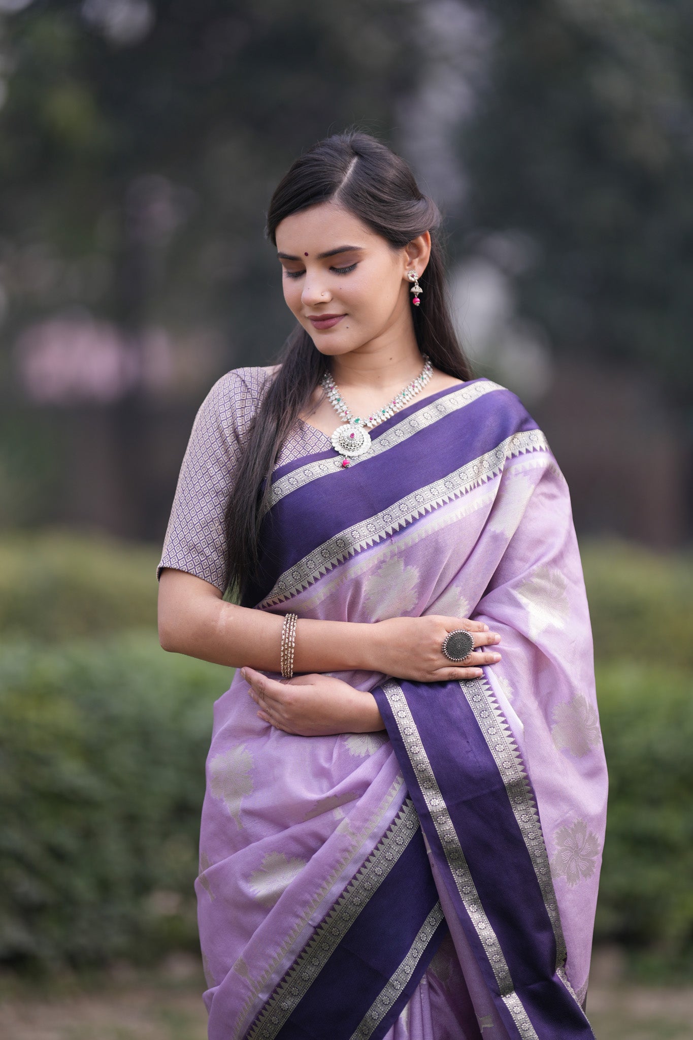 Banarasi Semi Silk Saree With Floral Zari Weaving & Contrast Border -Lavender