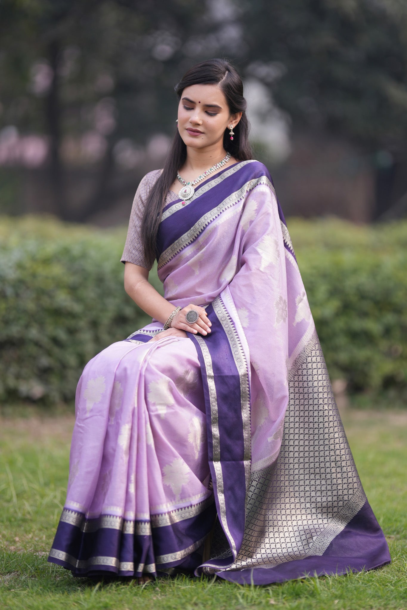 Banarasi Semi Silk Saree With Floral Zari Weaving & Contrast Border -Lavender