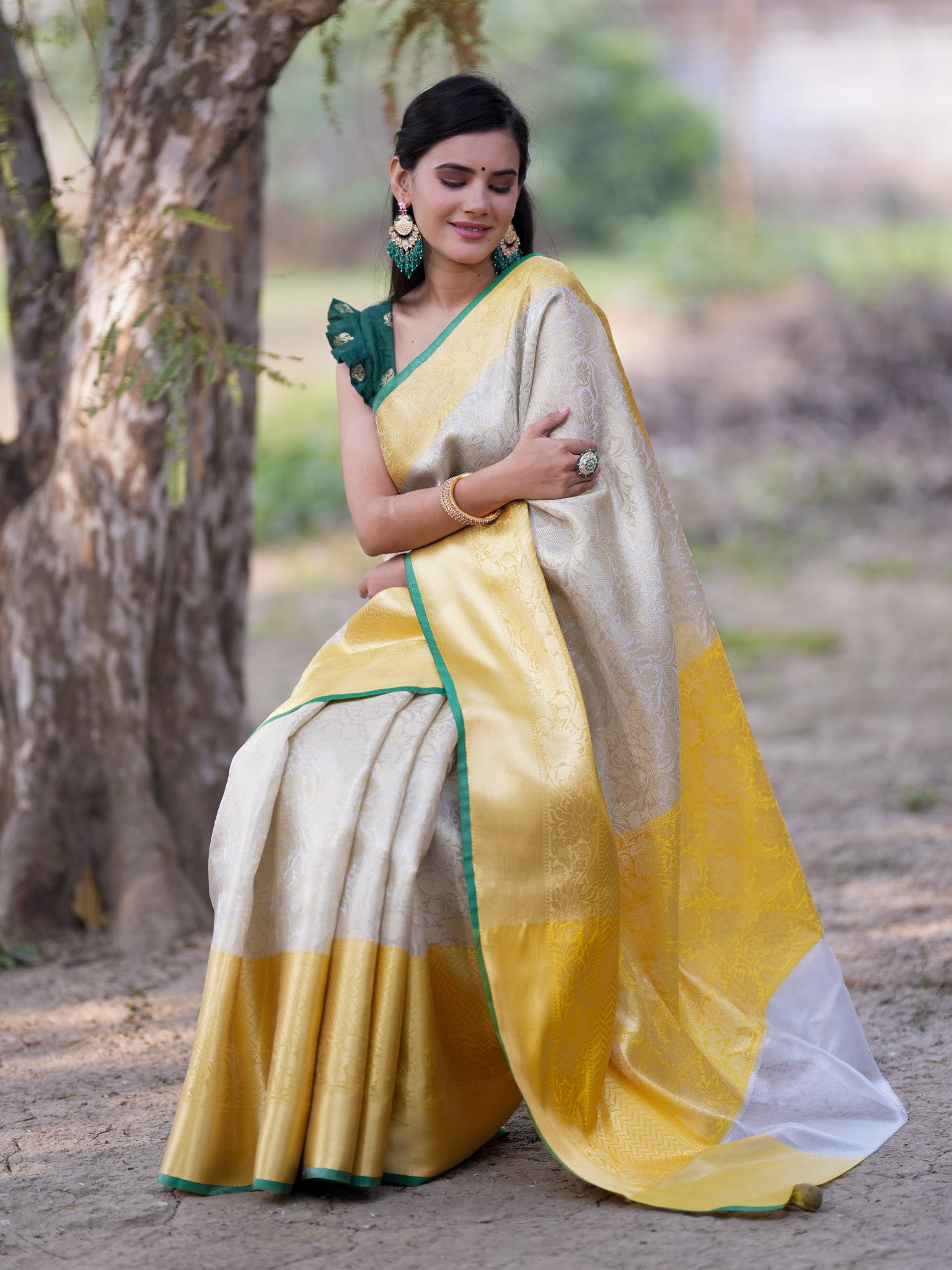 Banarasi Semi Silk Saree With Tanchoi Weaving & Contrast Border -Beige