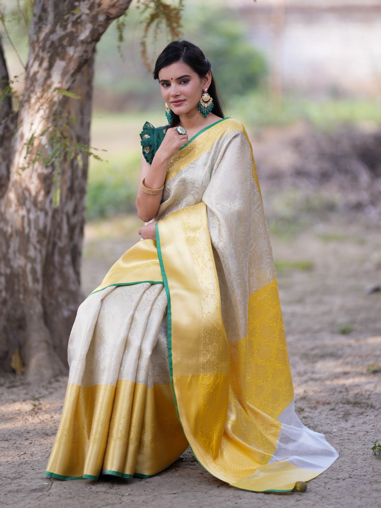 Banarasi Semi Silk Saree With Tanchoi Weaving & Contrast Border -Beige