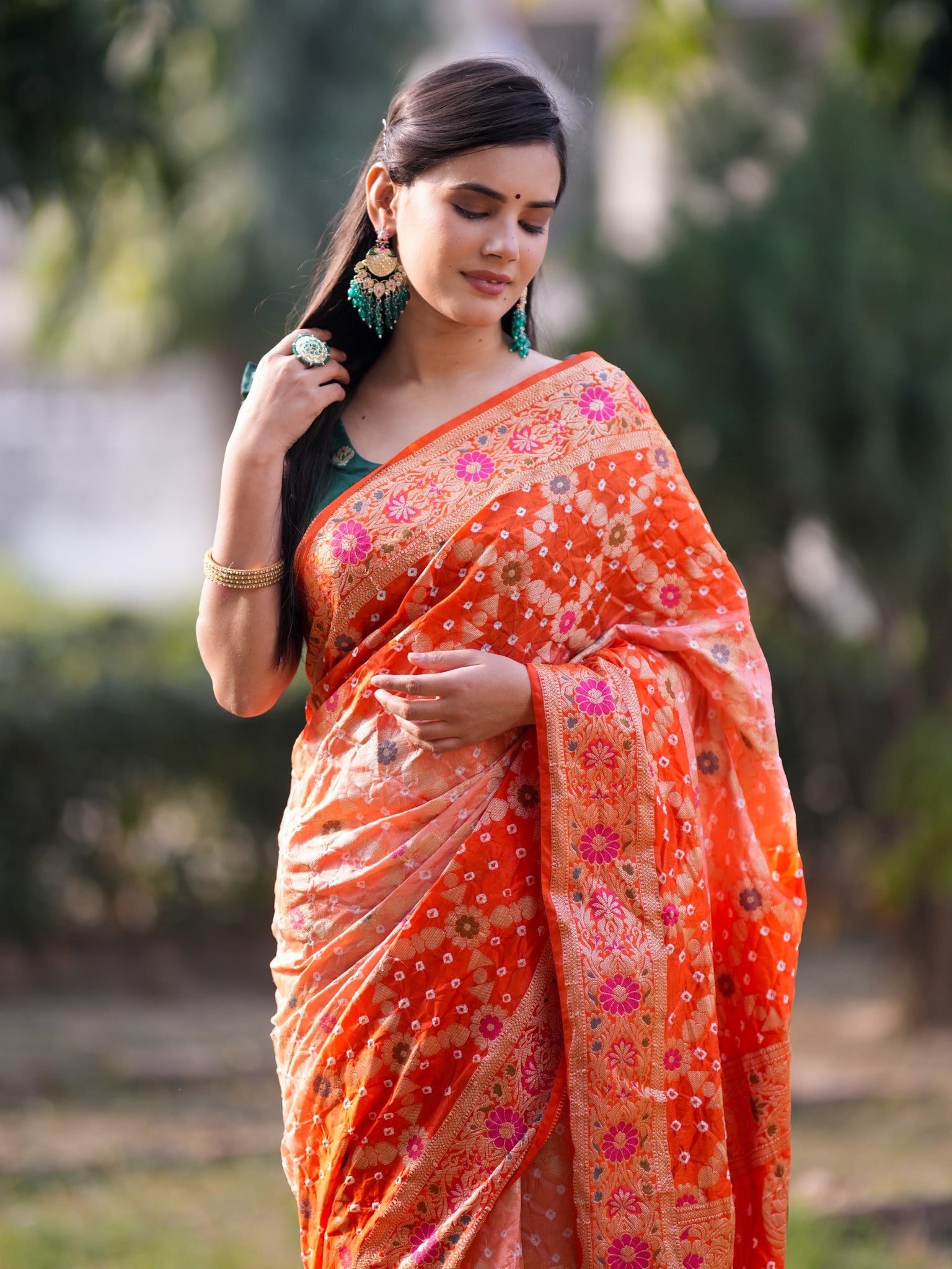 Banarasi Semi Silk Bandhani Saree With Meena & Jaal Weaving-Orange