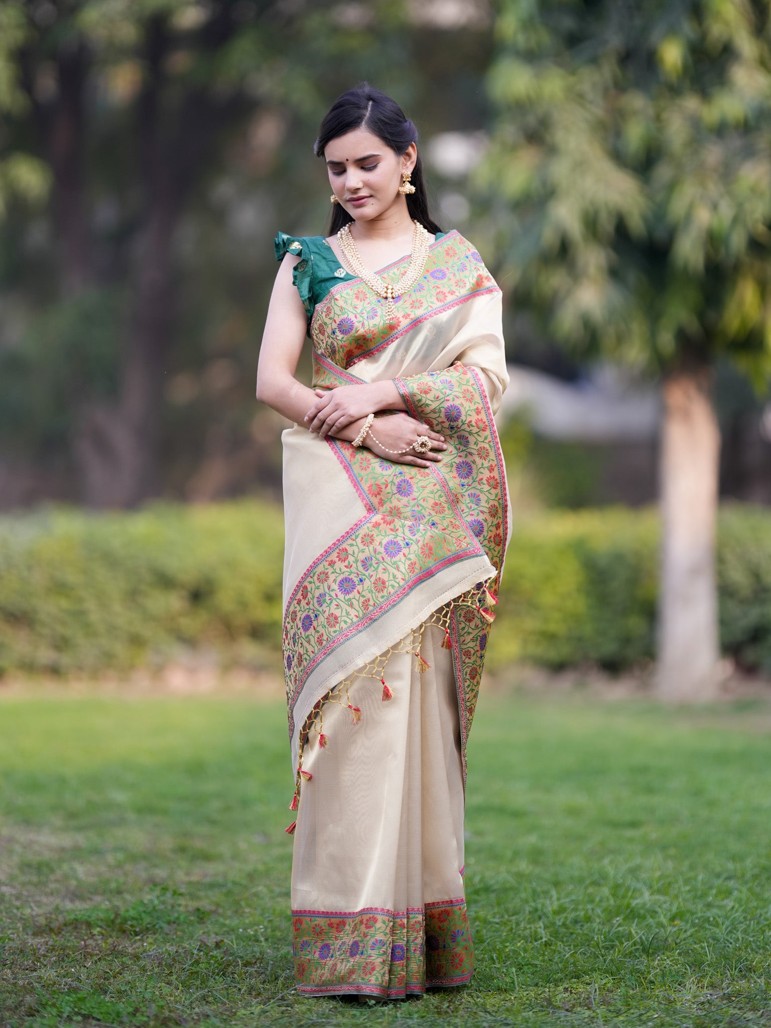 Banarasi Tissue Saree With Contrast Border-Golden