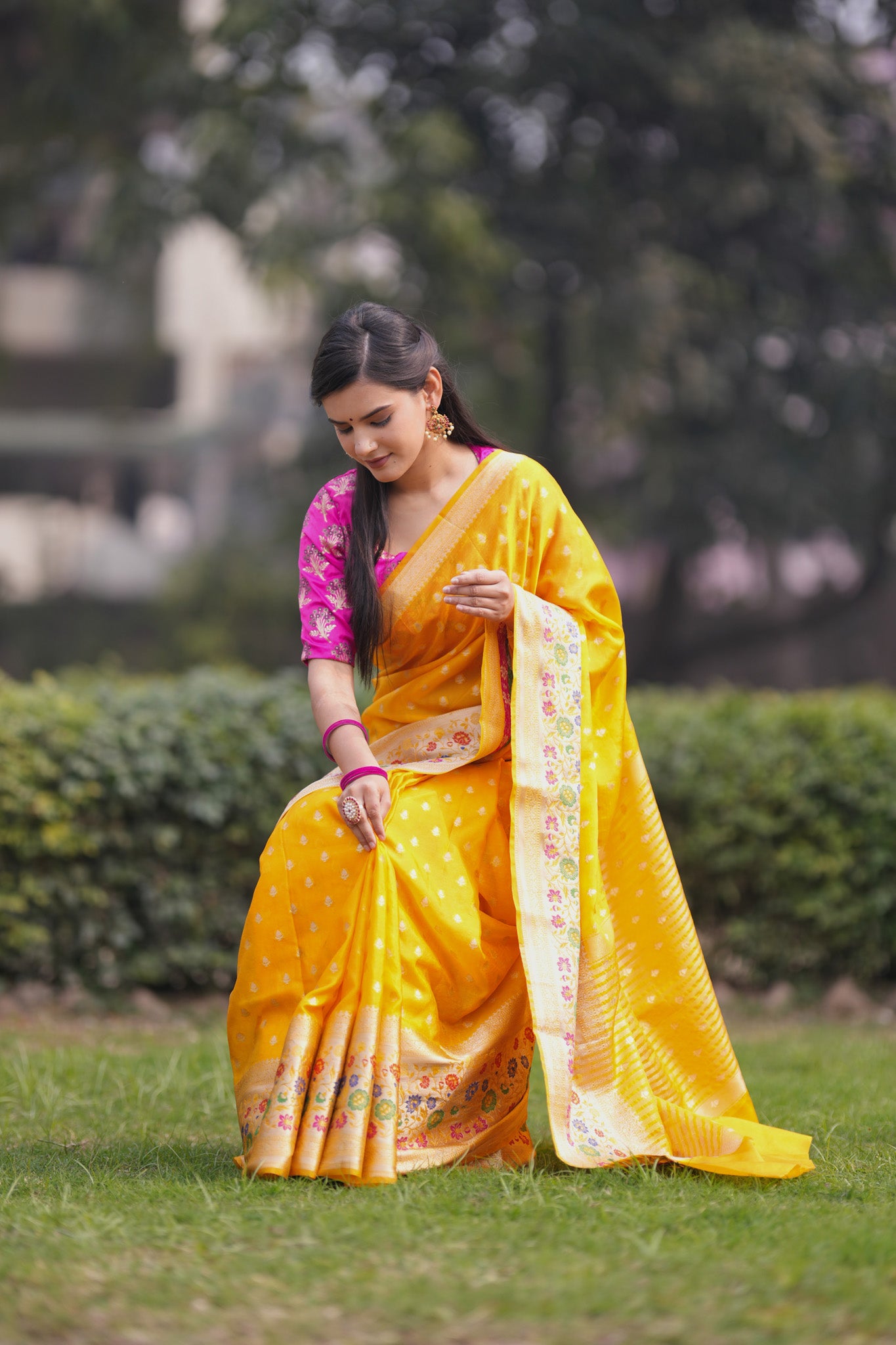Banarasi Kora Saree With Zari Weaving & Meena Border-Yellow