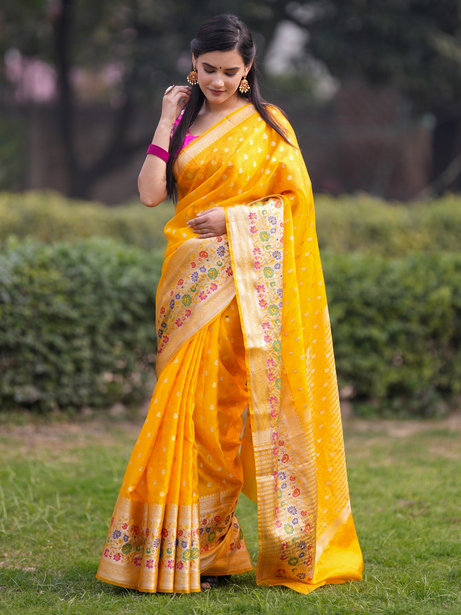 Banarasi Kora Saree With Zari Weaving & Meena Border-Yellow