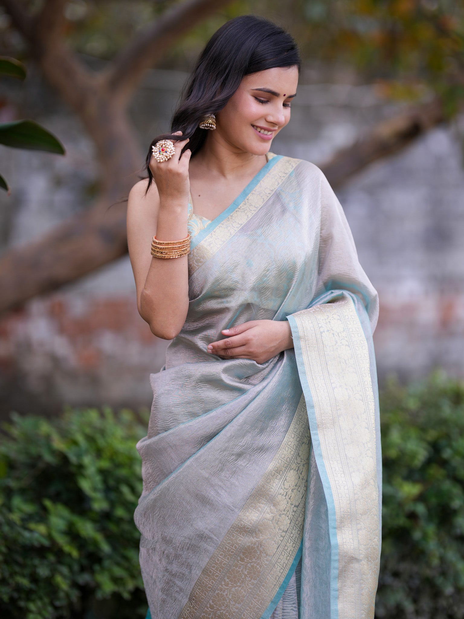 Banarasi Crushed Tissue Saree With Silver Weaving Border-Blue