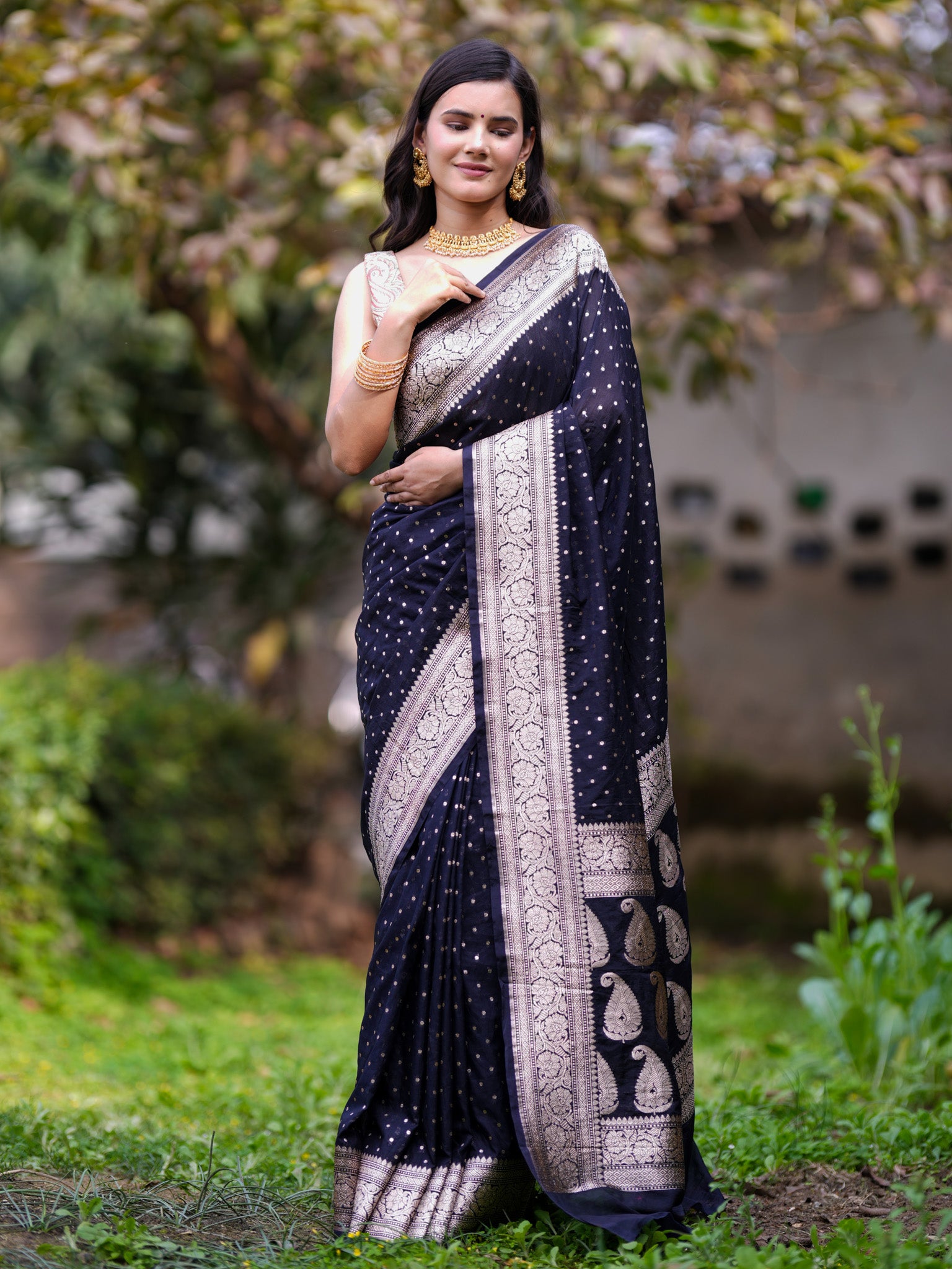 Banarasi Semi Chiffon Saree Silver Zari Buti Weaving & Border-Black