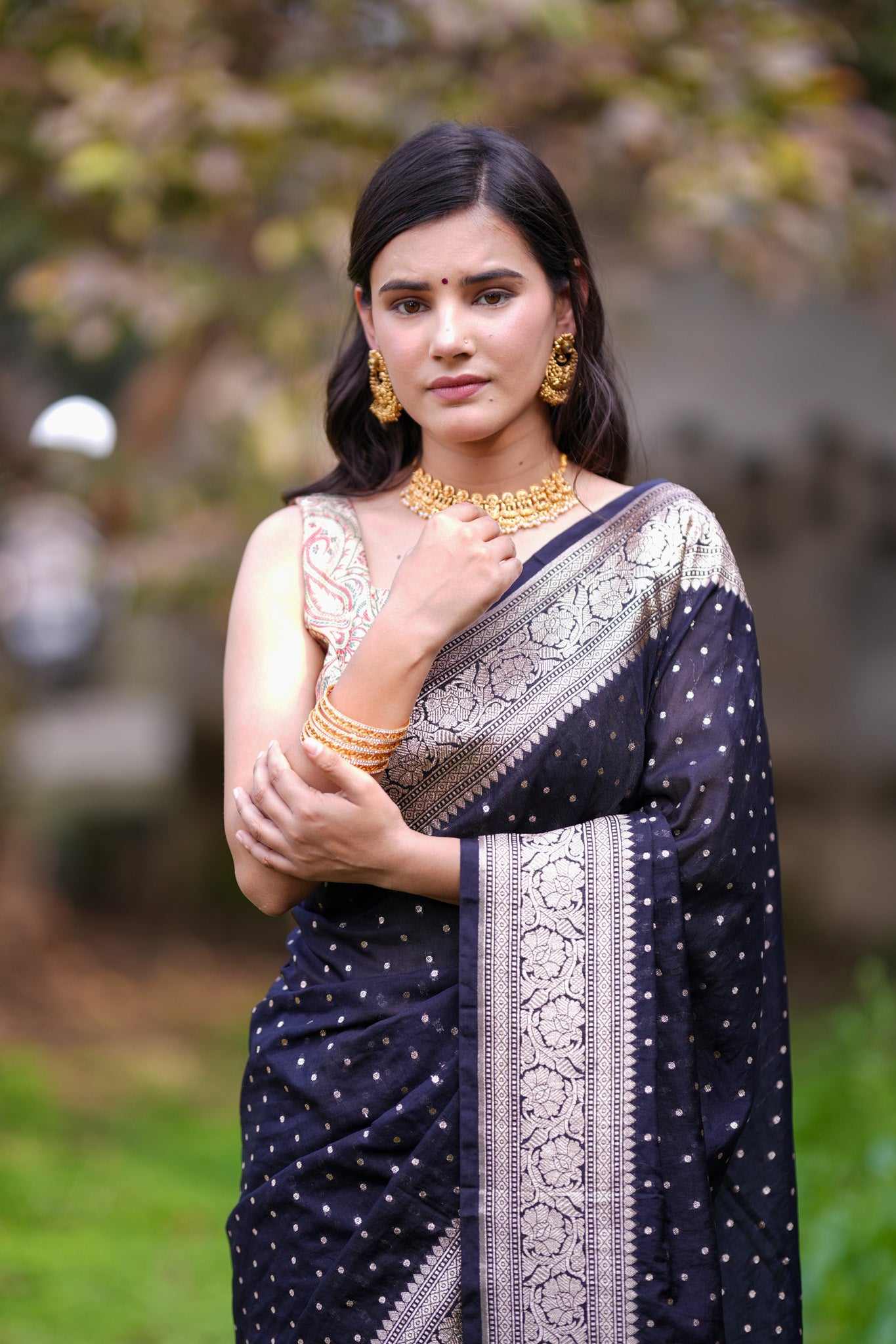 Banarasi Semi Chiffon Saree Silver Zari Buti Weaving & Border-Black