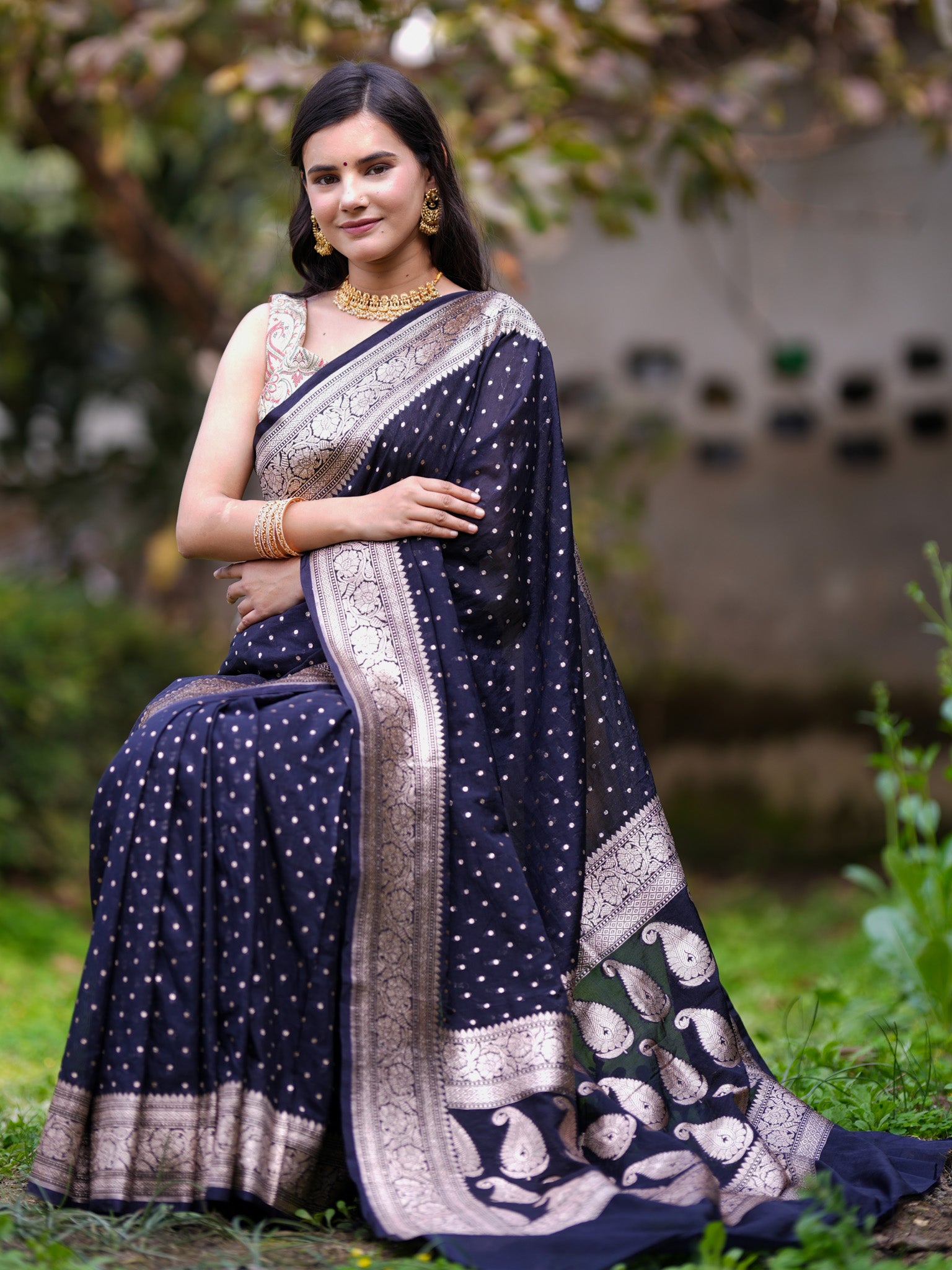 Banarasi Semi Chiffon Saree Silver Zari Buti Weaving & Border-Black