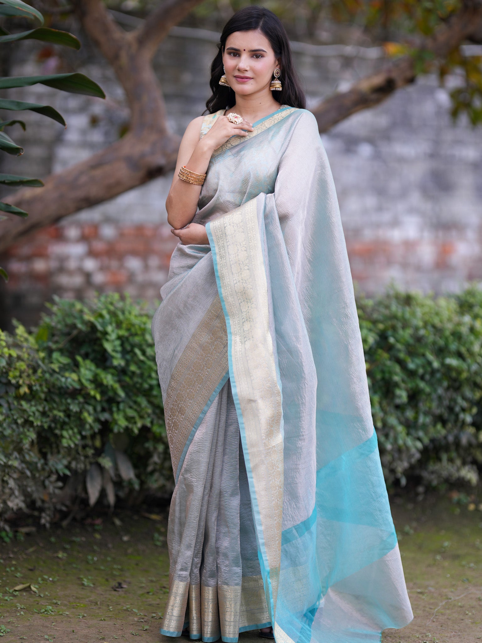 Banarasi Crushed Tissue Saree With Silver Weaving Border-Blue