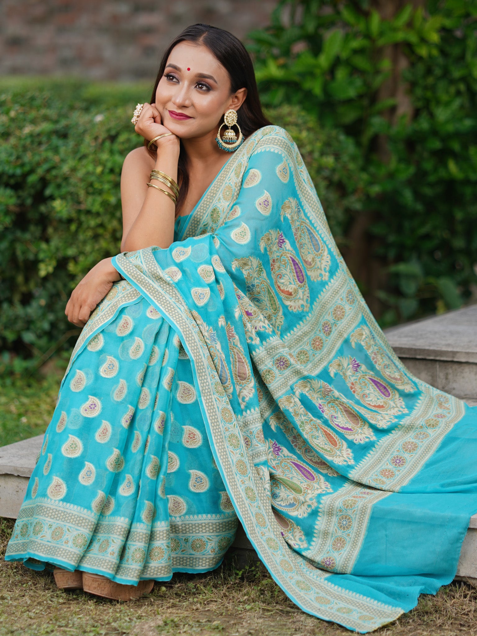 Banaras Pure Georgette Saree With Resham Weaving- Sky Blue