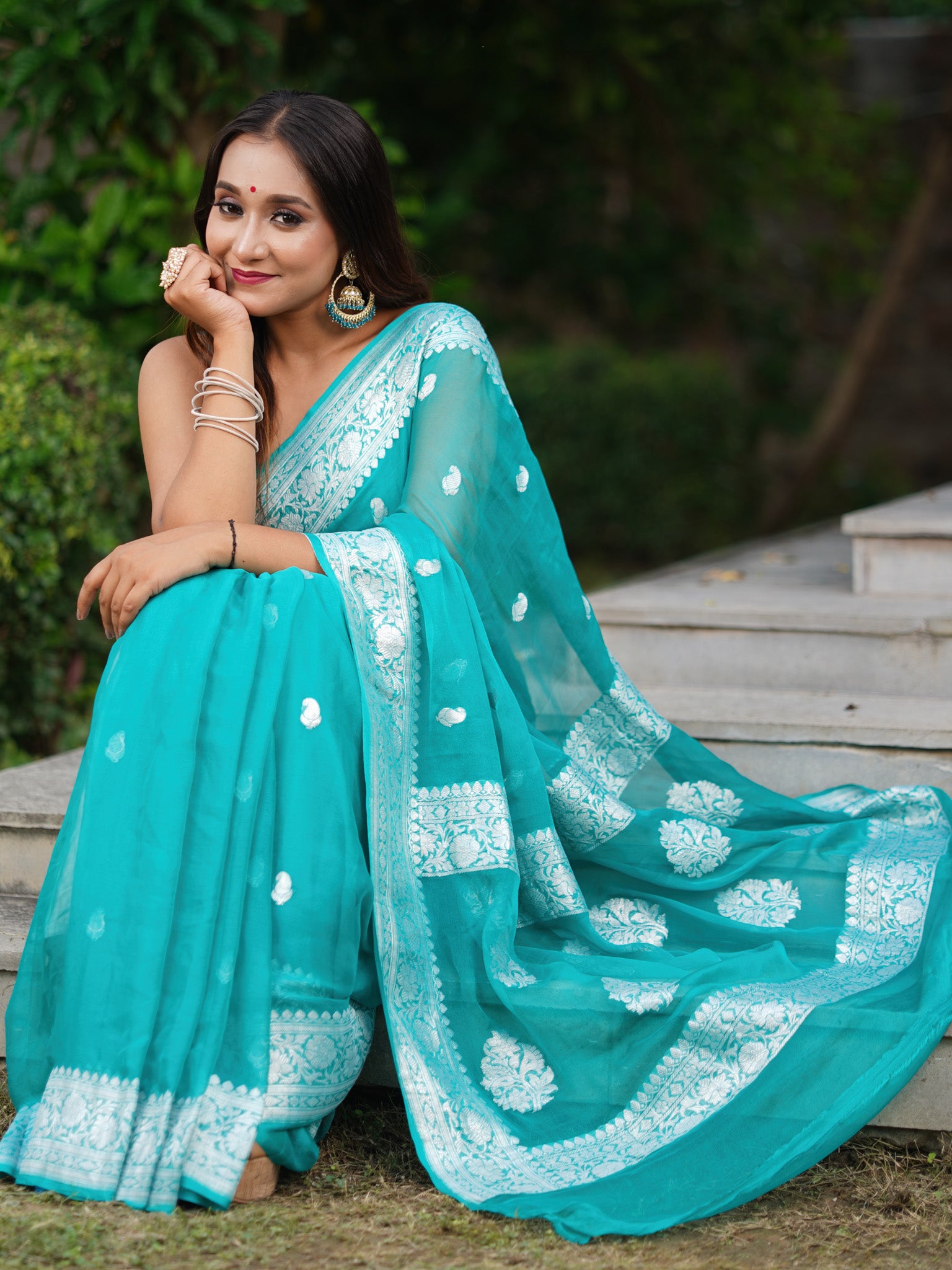Banaras Pure Georgette Saree With Silver Zari- Sky Blue