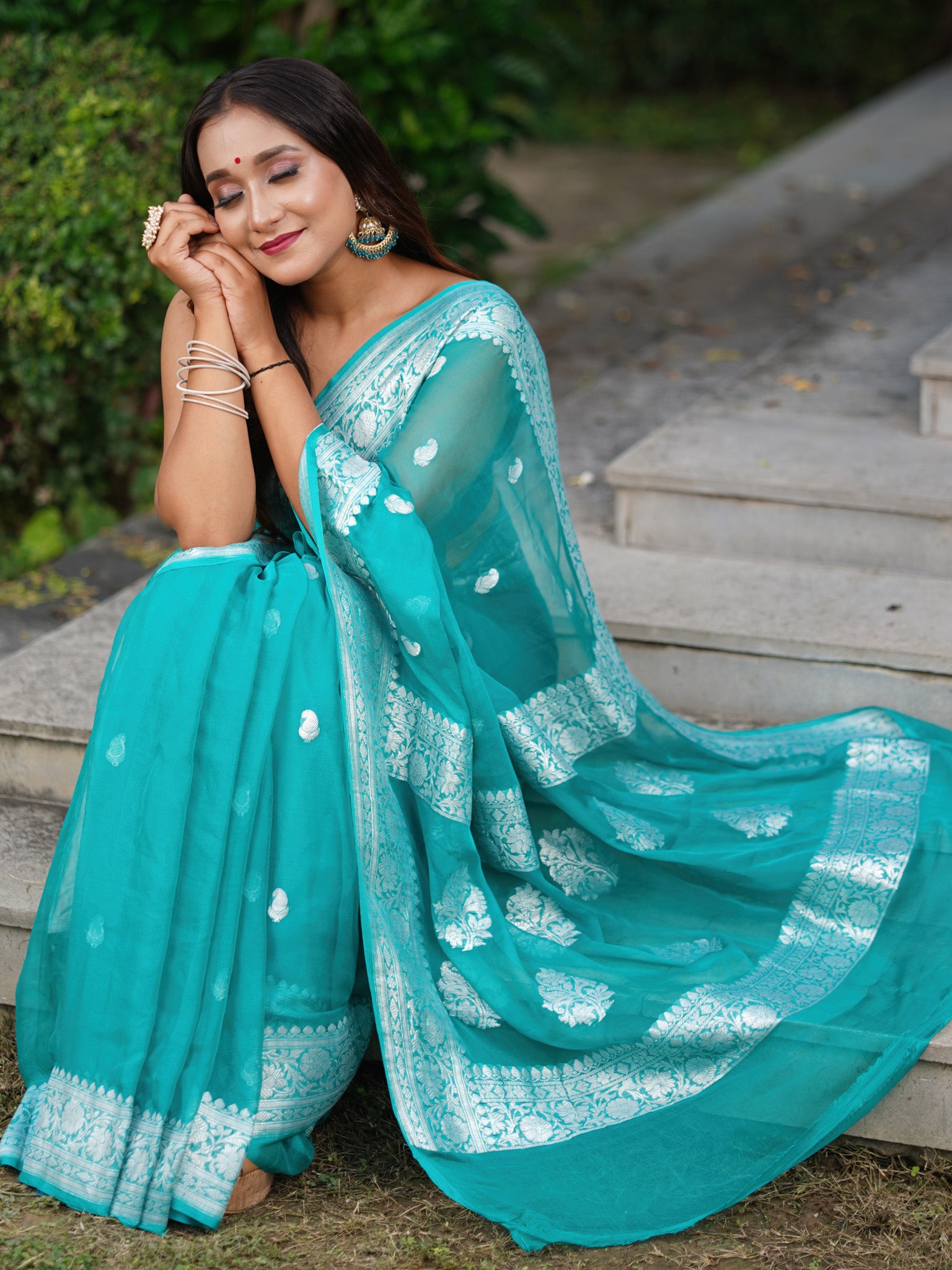 Banaras Pure Georgette Saree With Silver Zari- Sky Blue