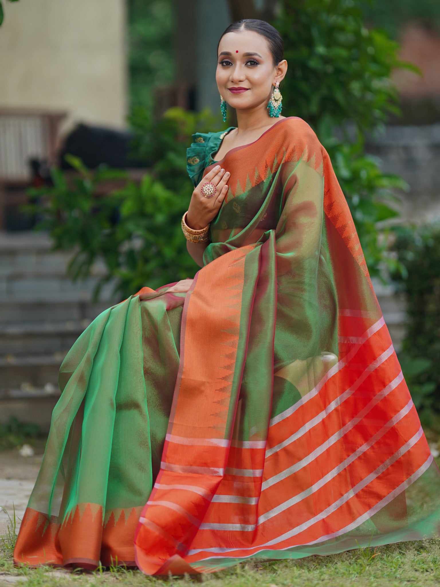 Banarasi Plain Shaded Tissue Saree With Zari Border - Green