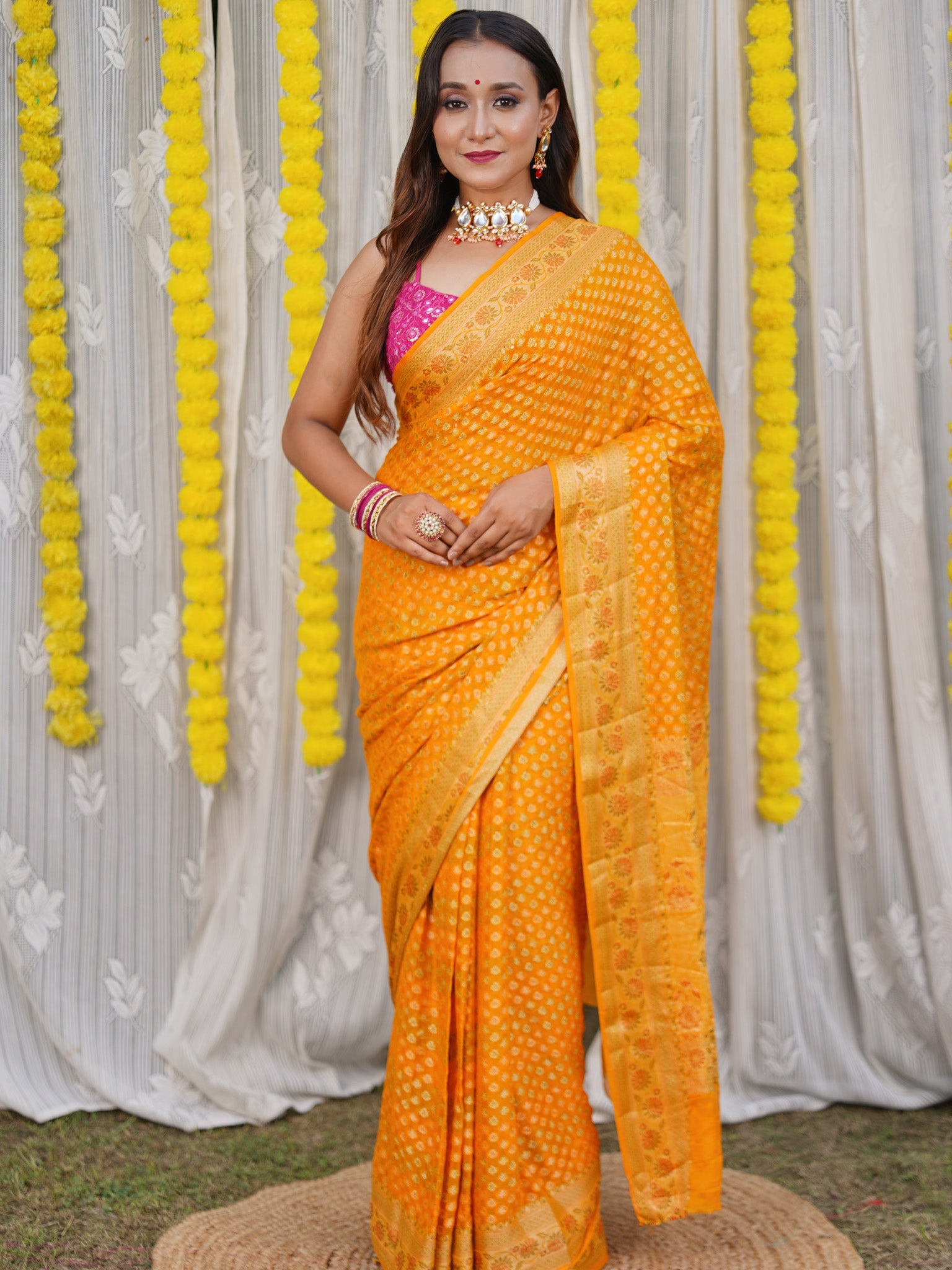 Banaras Pure Georgette Saree With Resham Buti Weaving-Yellow