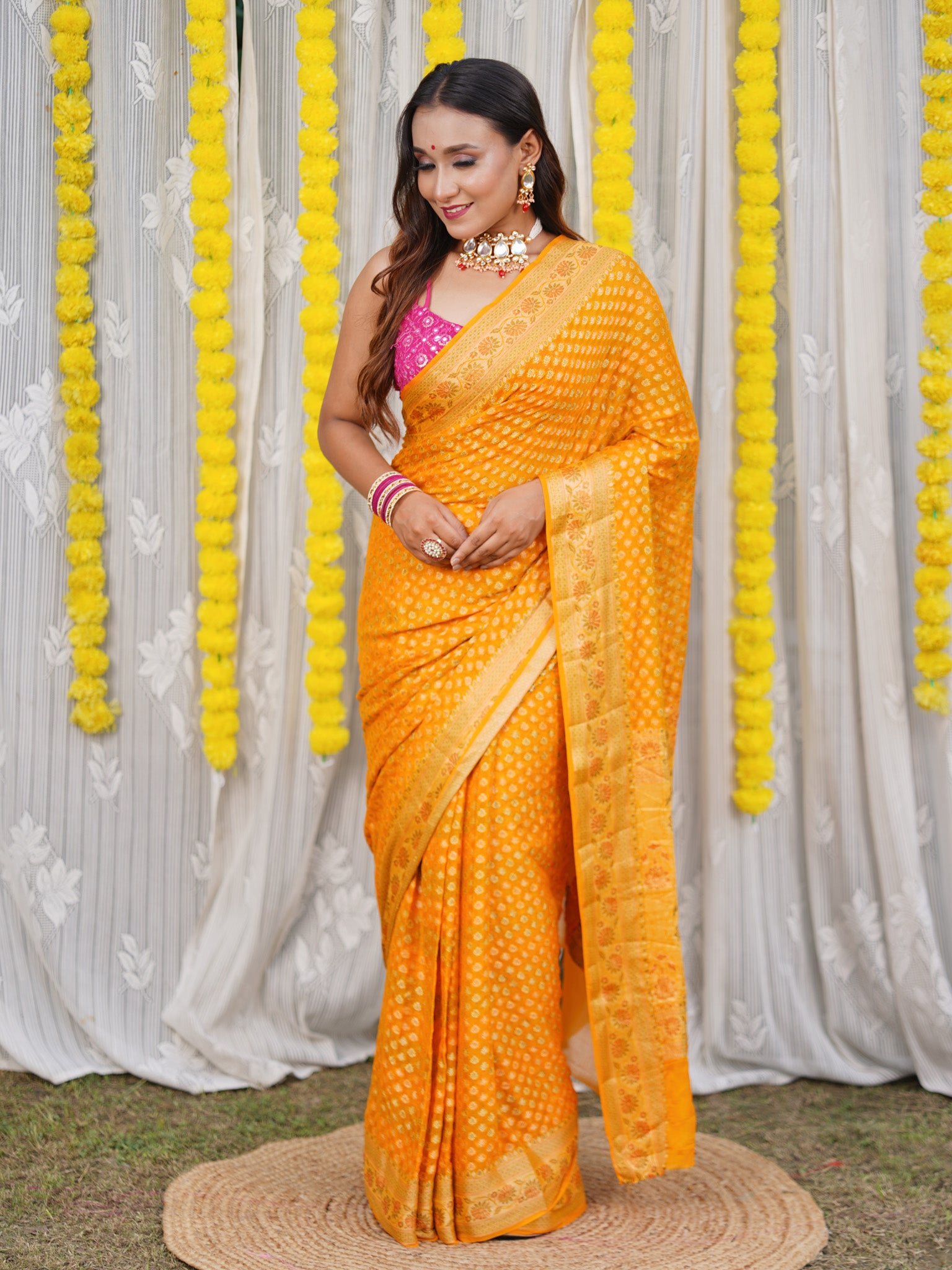 Banaras Pure Georgette Saree With Resham Buti Weaving-Yellow