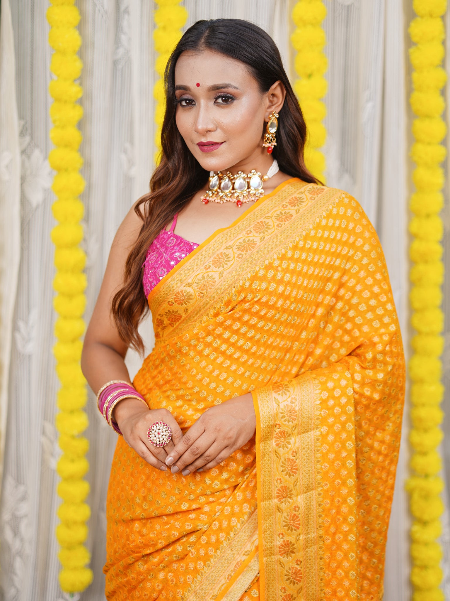 Banaras Pure Georgette Saree With Resham Buti Weaving-Yellow