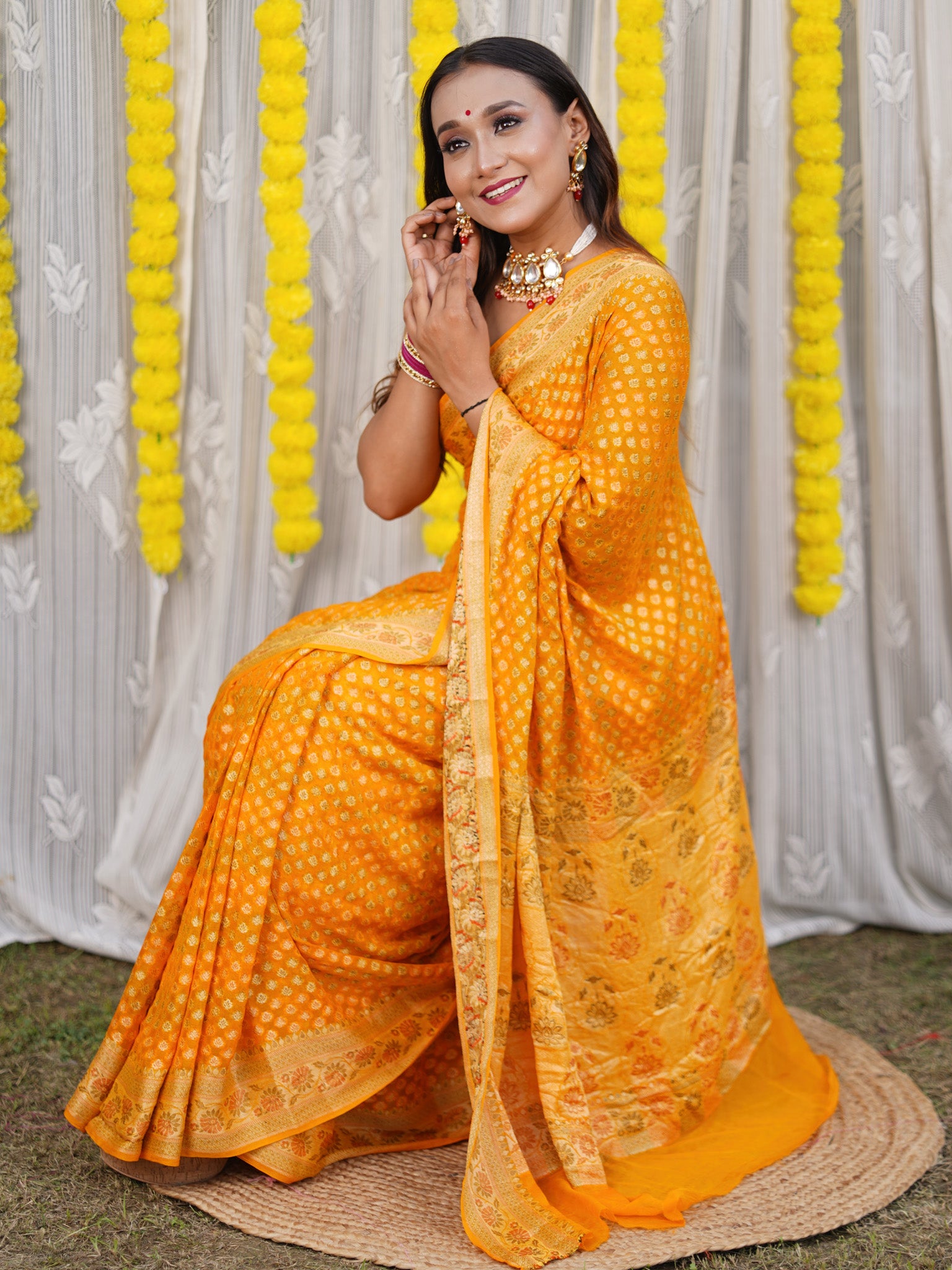 Banaras Pure Georgette Saree With Resham Buti Weaving-Yellow
