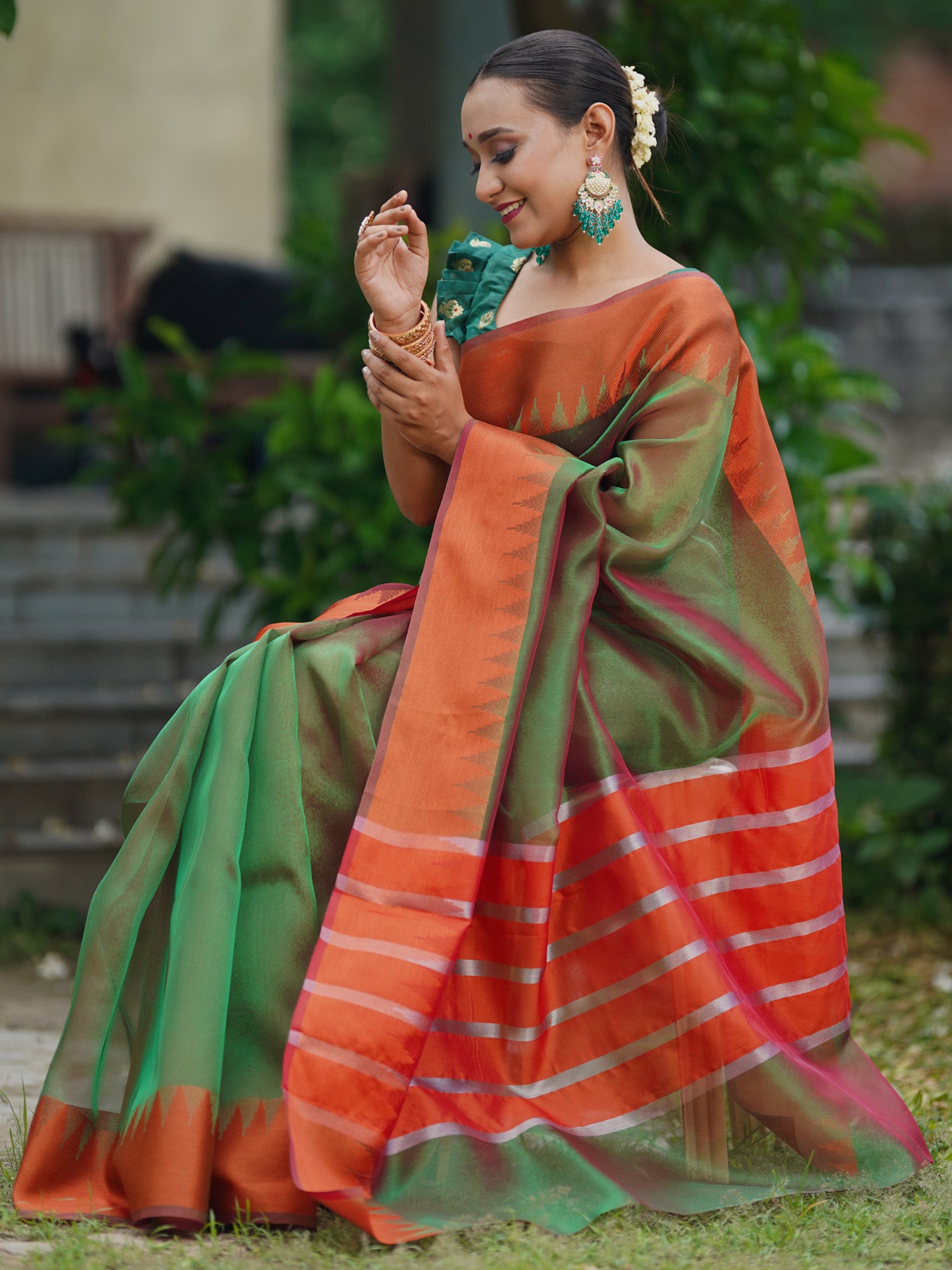 Banarasi Plain Shaded Tissue Saree With Zari Border - Green