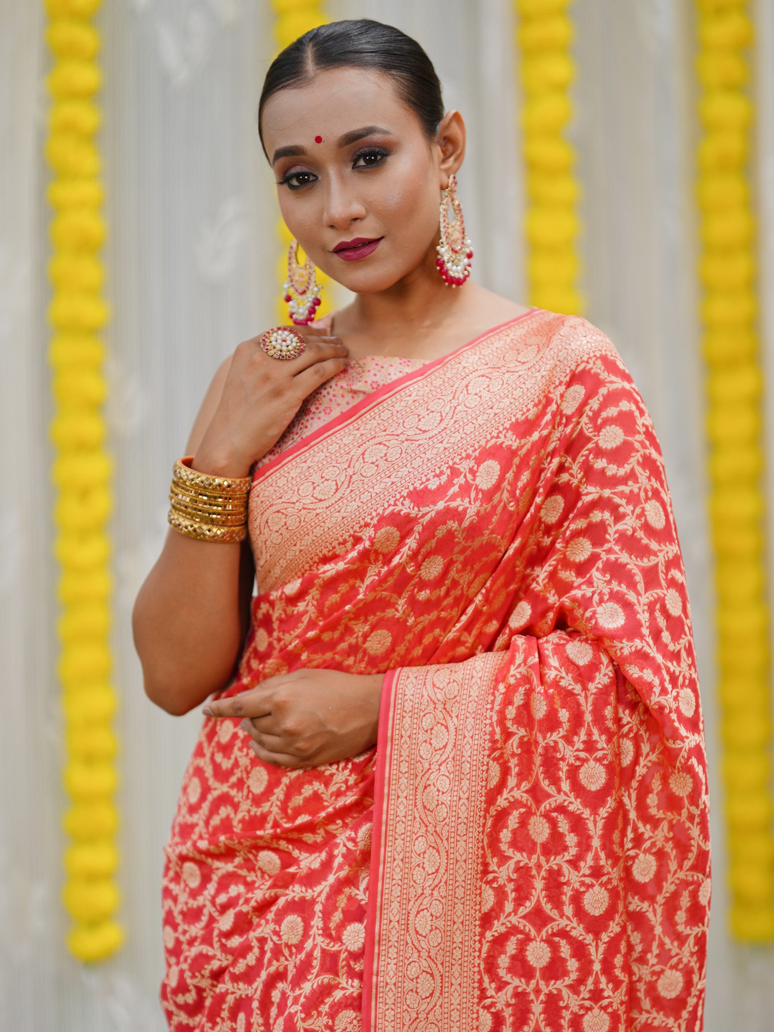 Banaras Pure Georgette Saree With Resham Floral Weaving- Peach