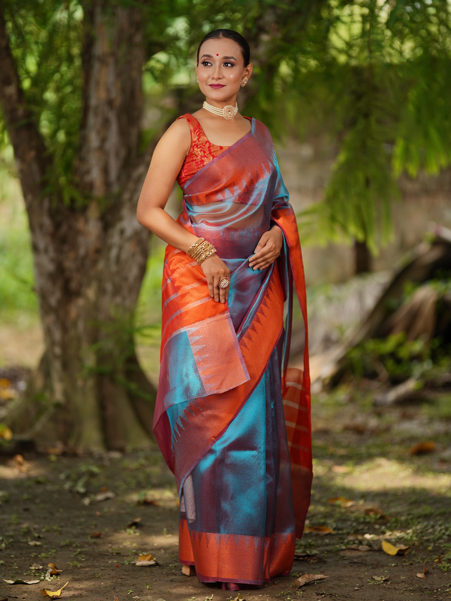 Banarasi Plain Shaded Tissue Saree With Zari Border - Blue