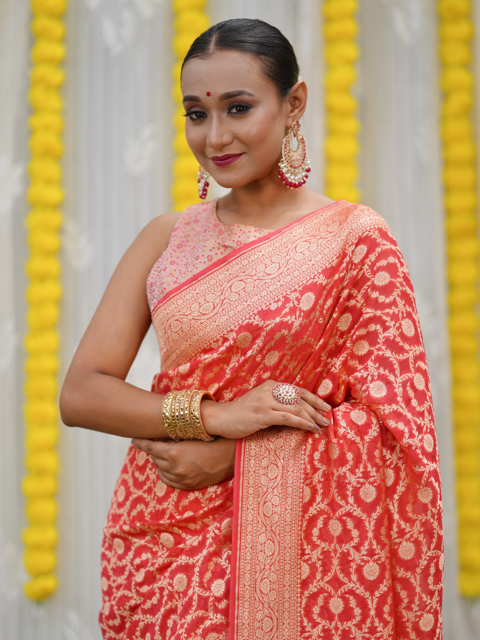 Banaras Pure Georgette Saree With Resham Floral Weaving- Peach