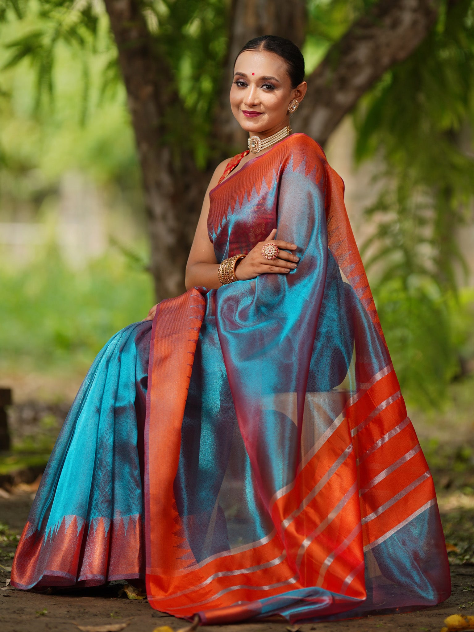 Banarasi Plain Shaded Tissue Saree With Zari Border - Blue