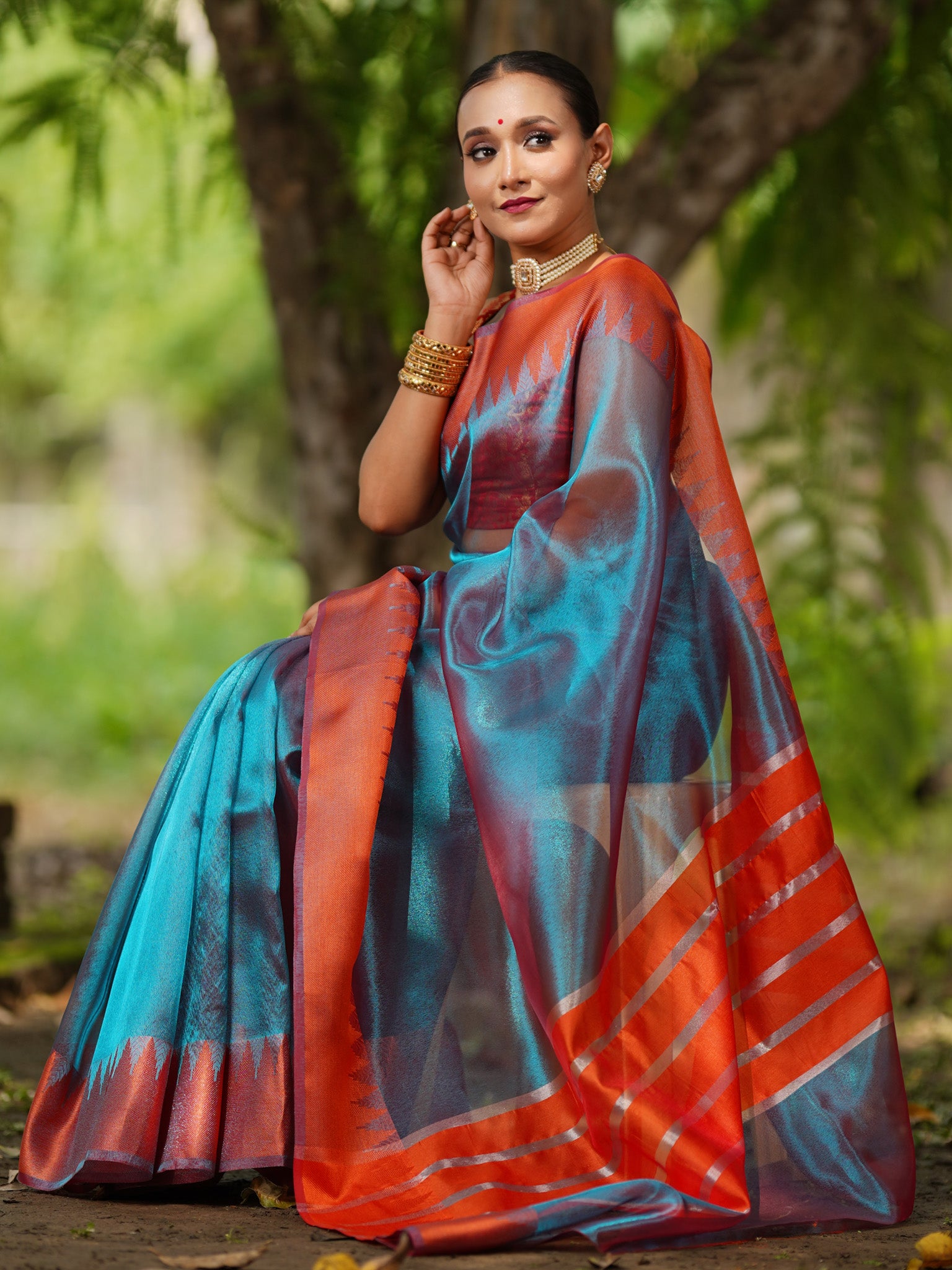 Banarasi Plain Shaded Tissue Saree With Zari Border - Blue