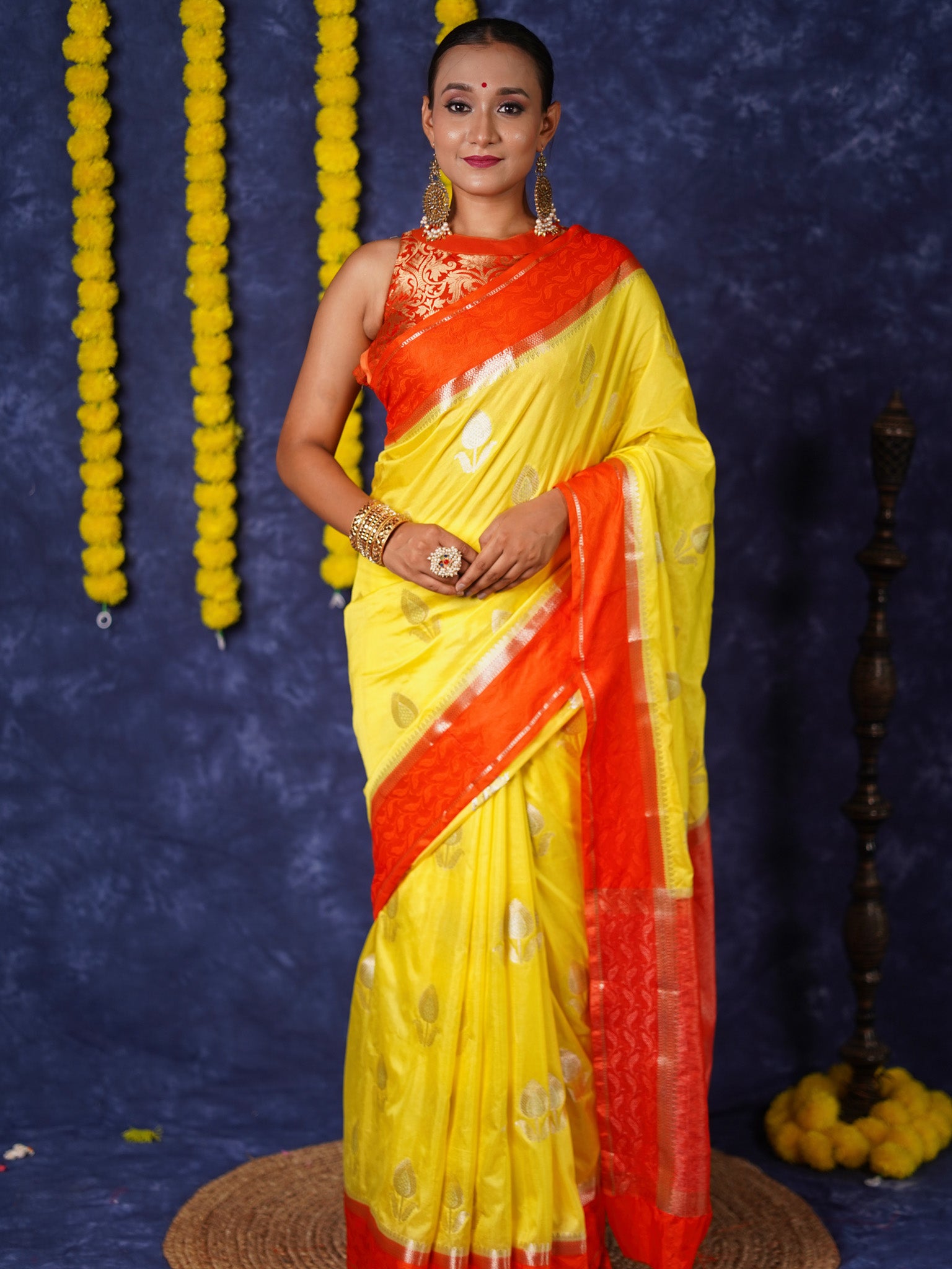 Banarasi Semi Silk Saree With Floral Zari Weaving & Contrast Border - Yellow