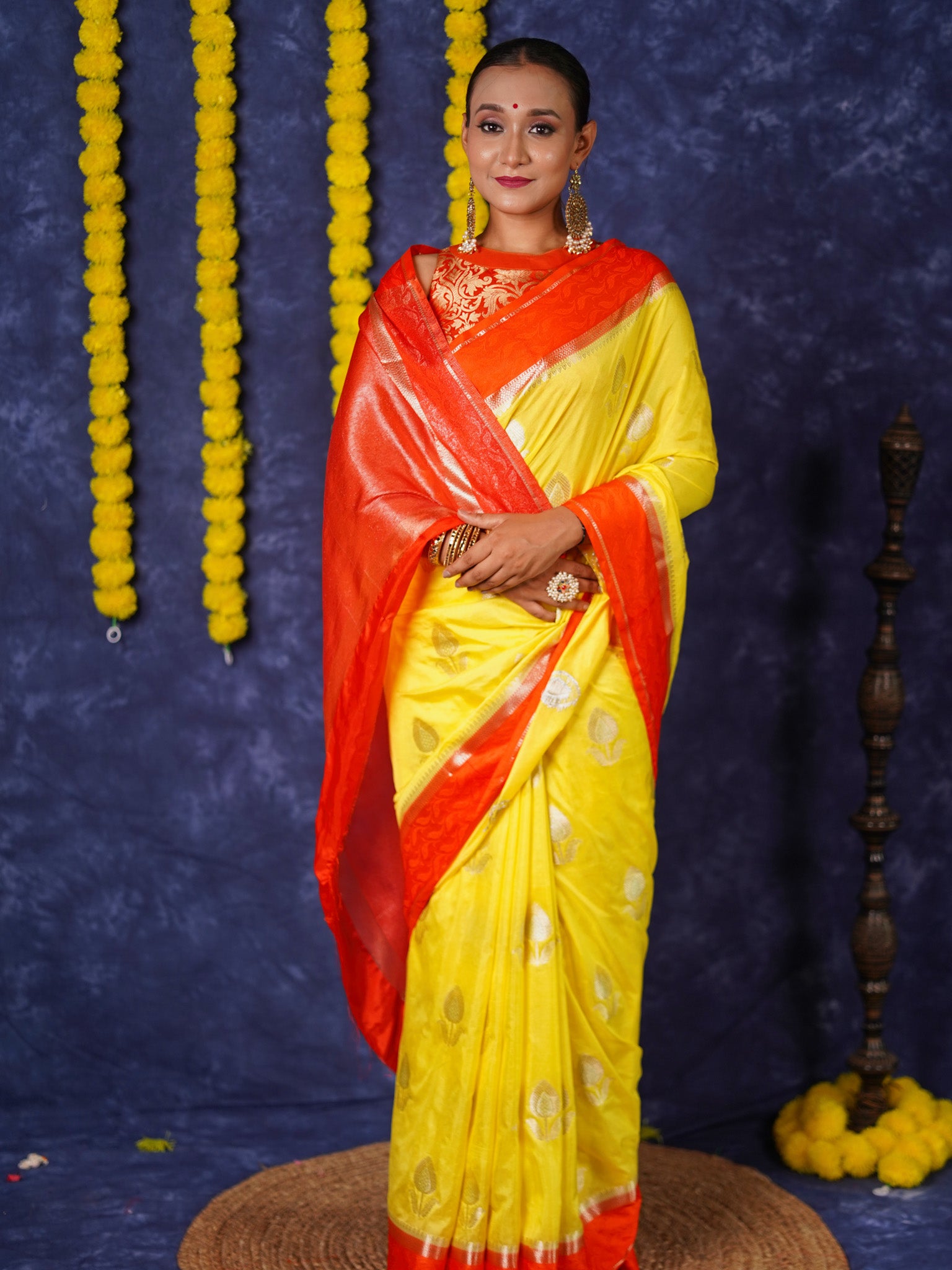 Banarasi Semi Silk Saree With Floral Zari Weaving & Contrast Border - Yellow