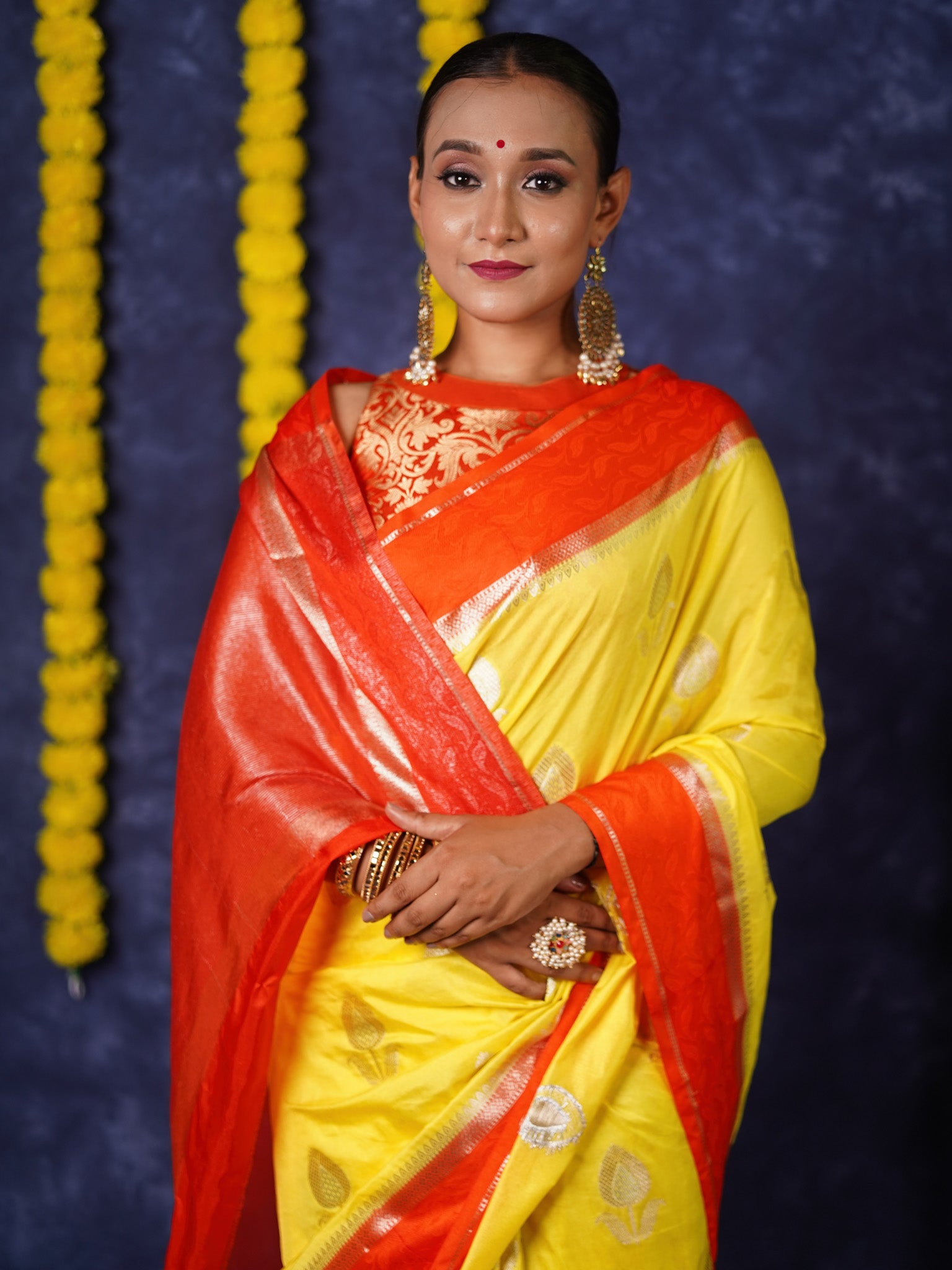 Banarasi Semi Silk Saree With Floral Zari Weaving & Contrast Border - Yellow