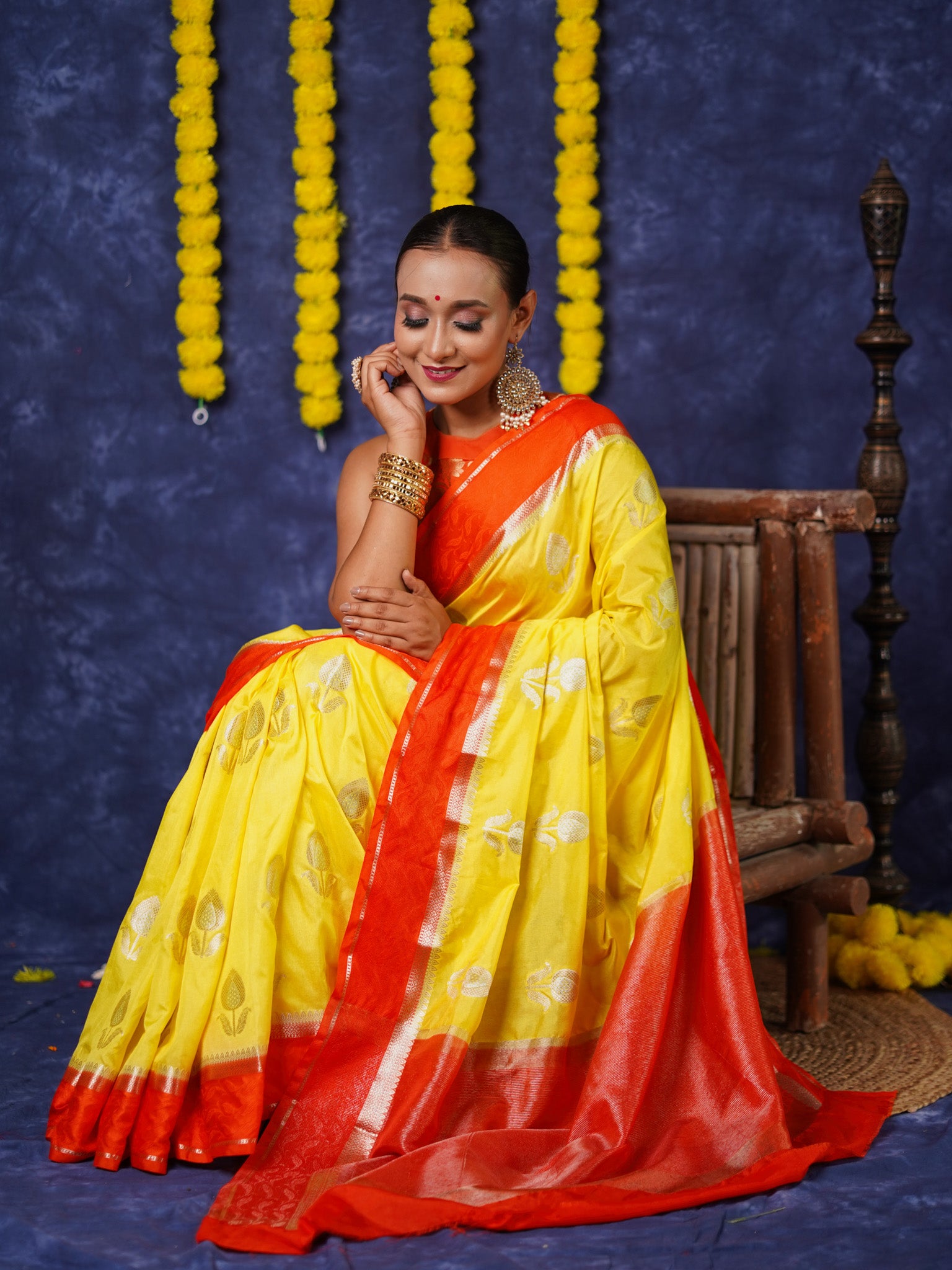 Banarasi Semi Silk Saree With Floral Zari Weaving & Contrast Border - Yellow